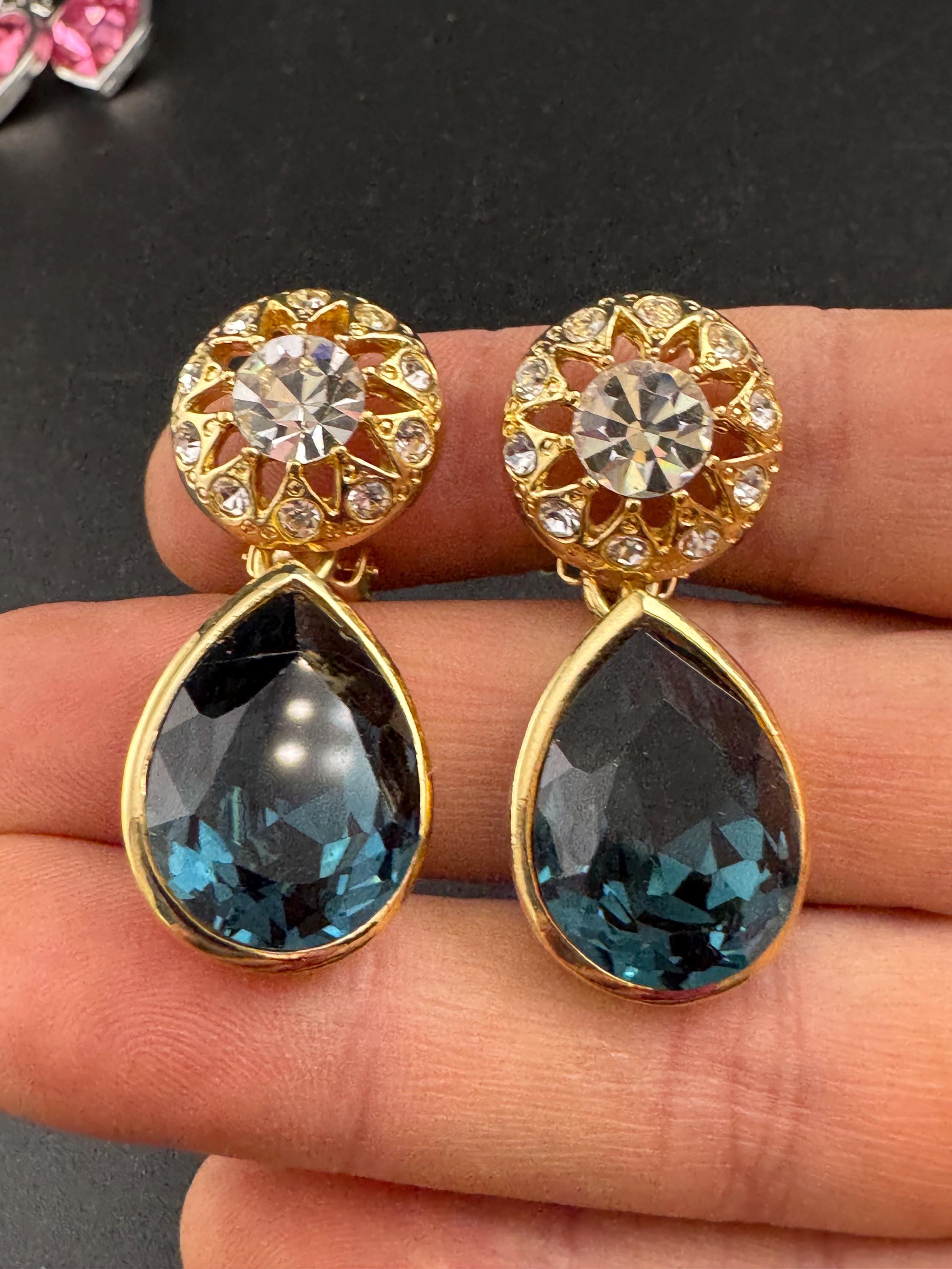 Sapphire blue teardrop Crystal clip on dangly Earrings: Swarovski, Gold Tone, 1980s Stock