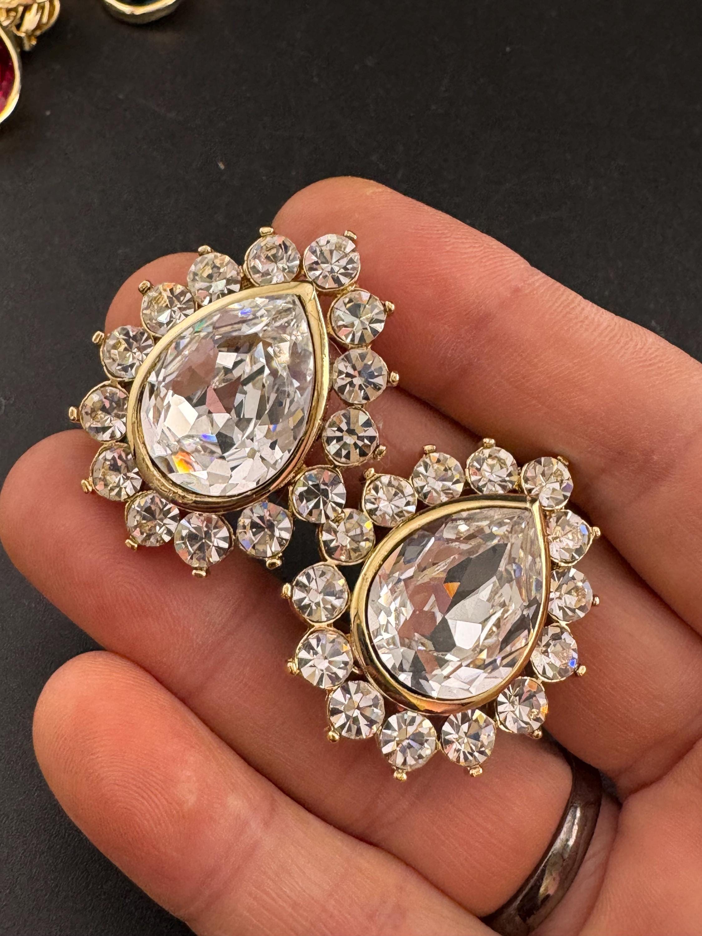 vintage clear Swarovski crystal teardrop earrings 1980s, gold tone