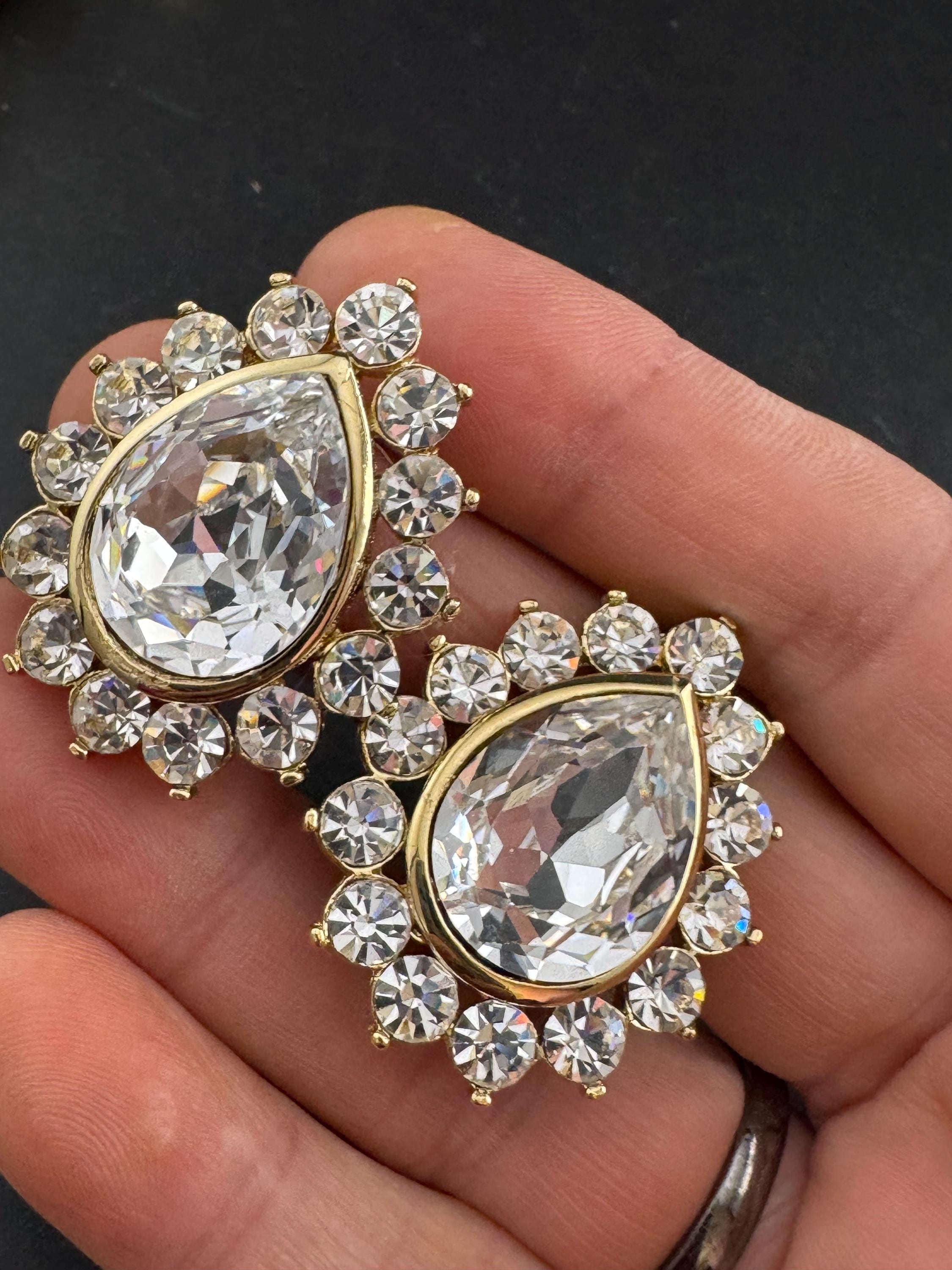 vintage clear Swarovski crystal teardrop earrings 1980s, gold tone