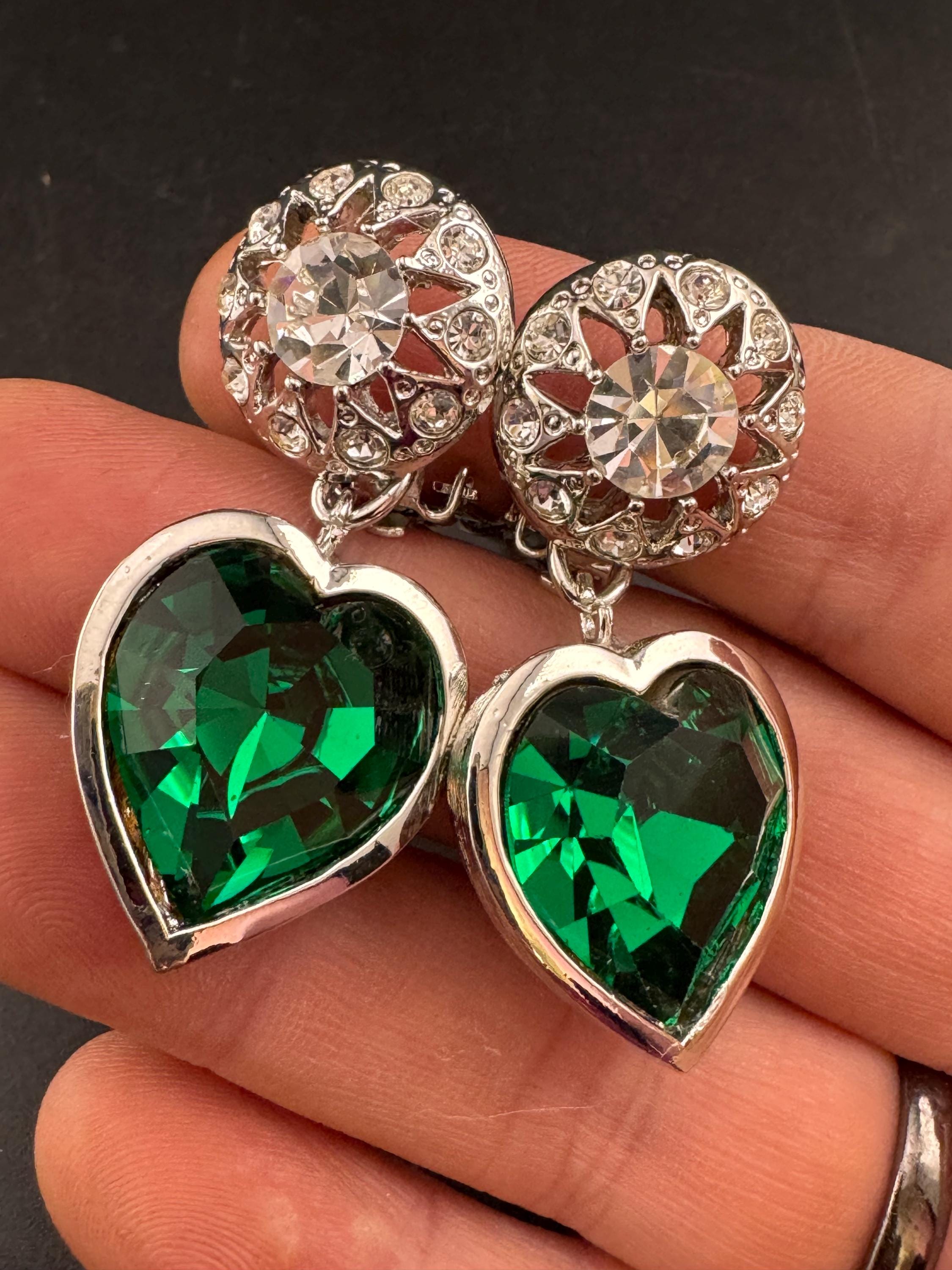 vintage emerald green Swarovski crystal love heart drop earrings, silver tone