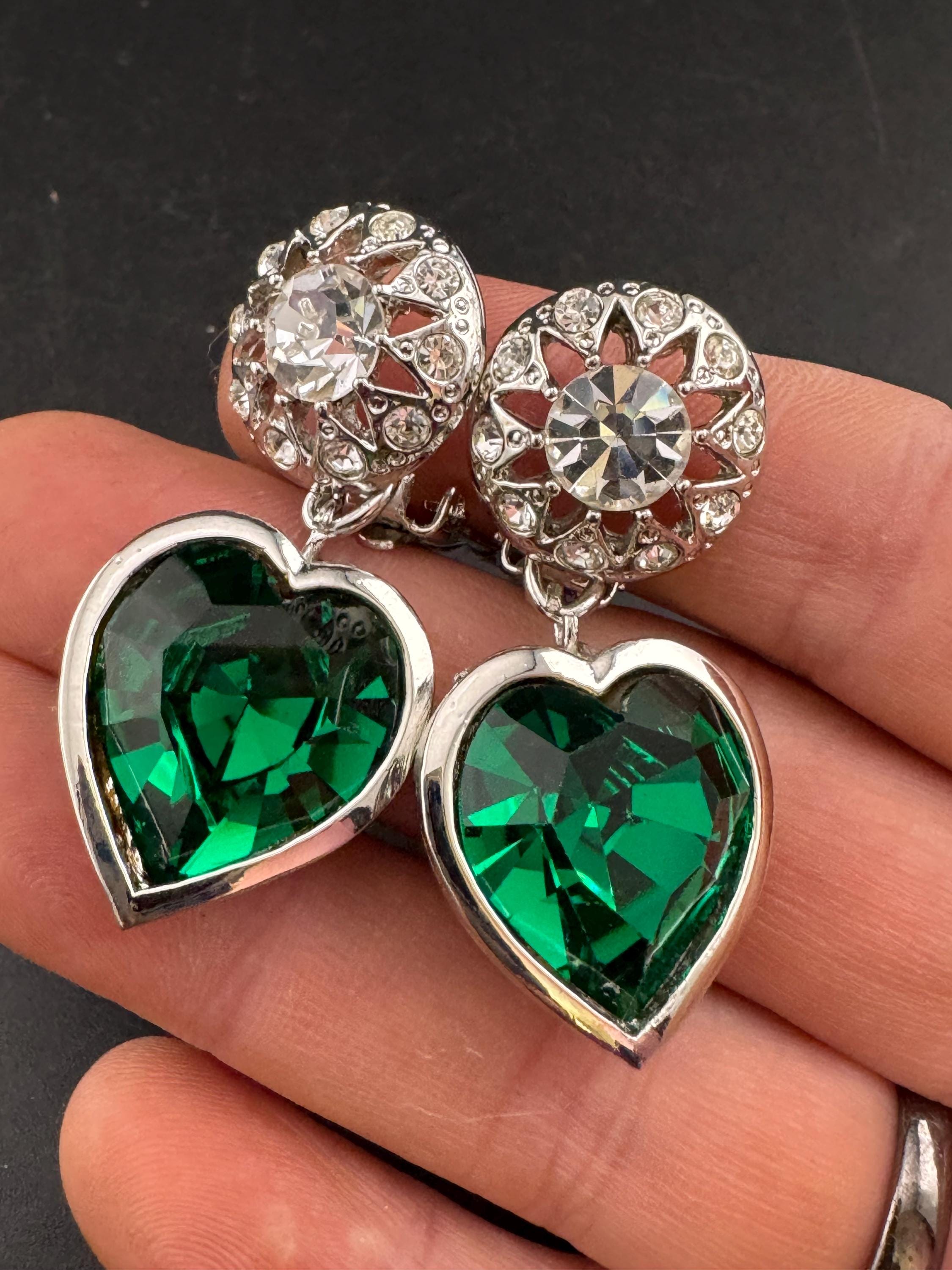 vintage emerald green Swarovski crystal love heart drop earrings, silver tone