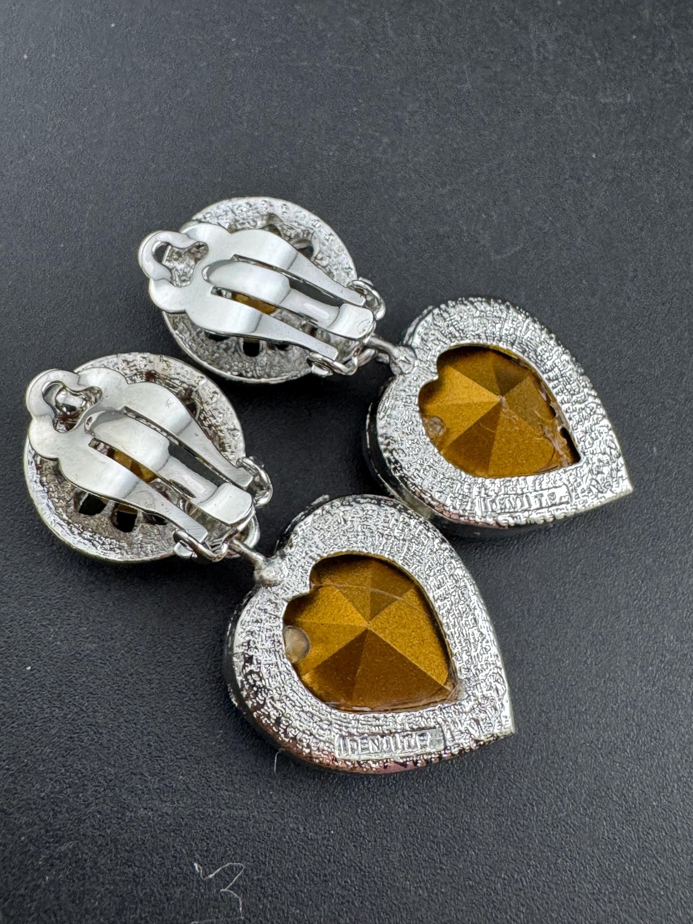 vintage emerald green Swarovski crystal love heart drop earrings, silver tone