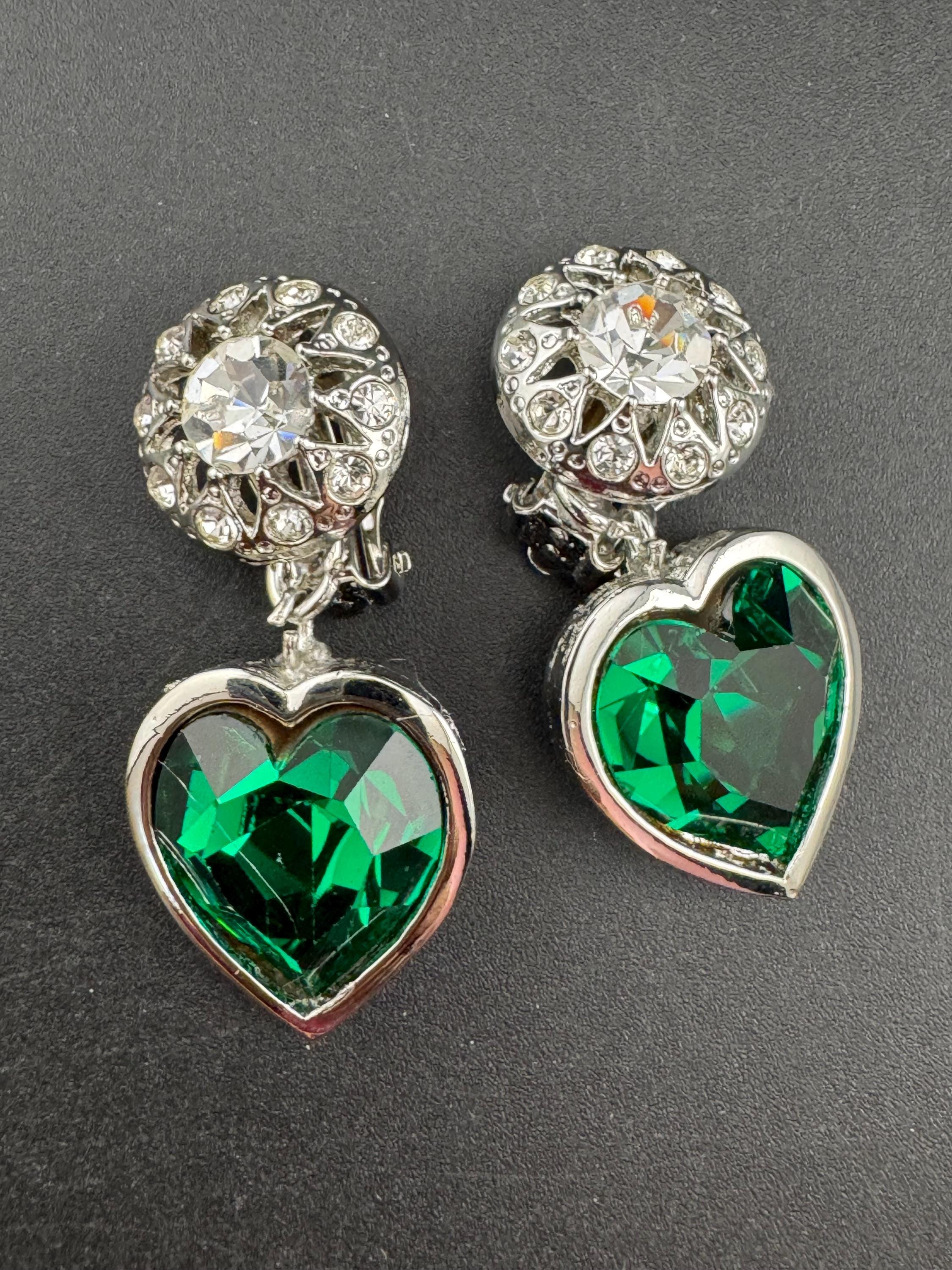 vintage emerald green Swarovski crystal love heart drop earrings, silver tone