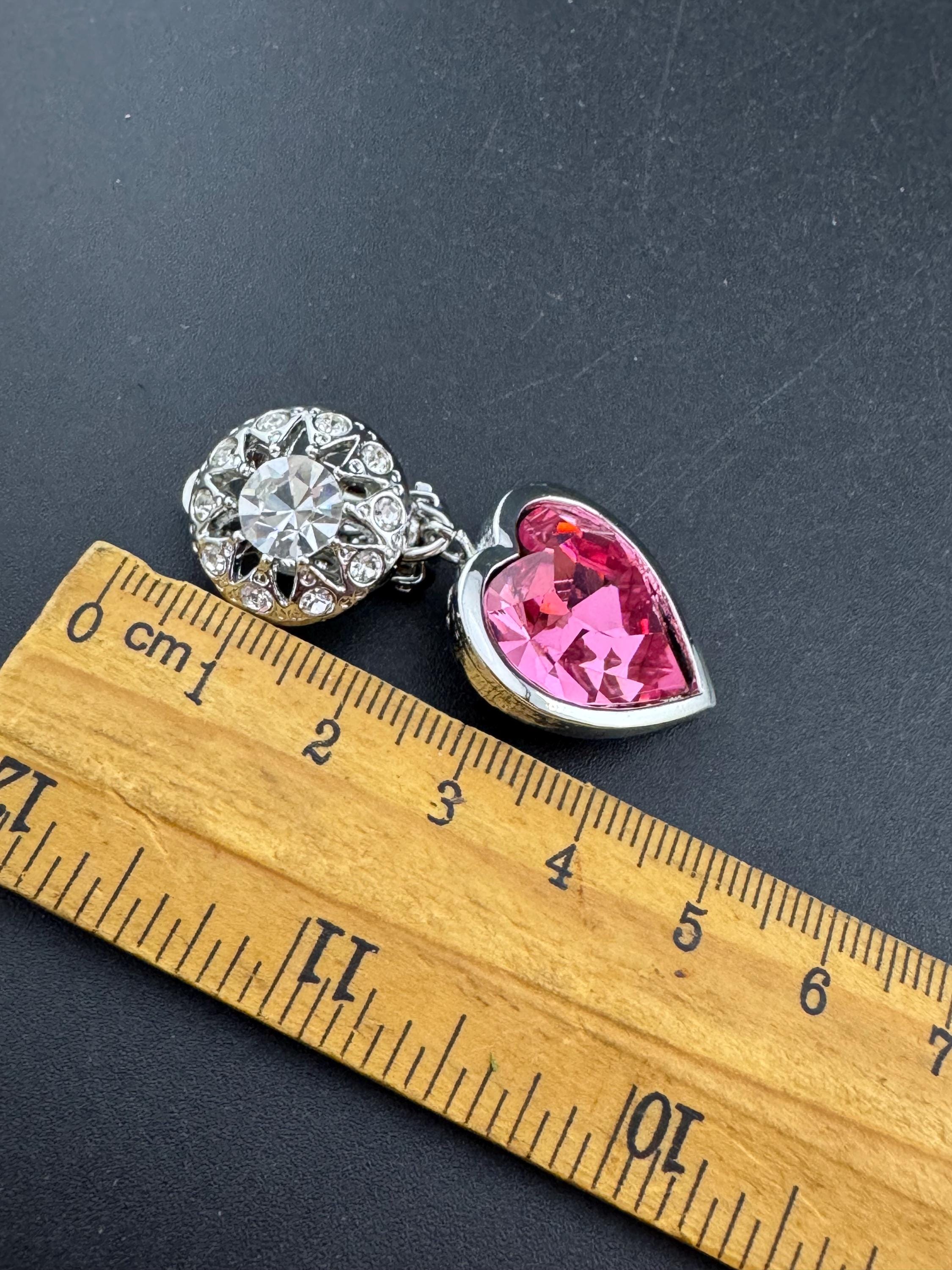 vintage pink Swarovski crystal love heart drop earrings, silver tone