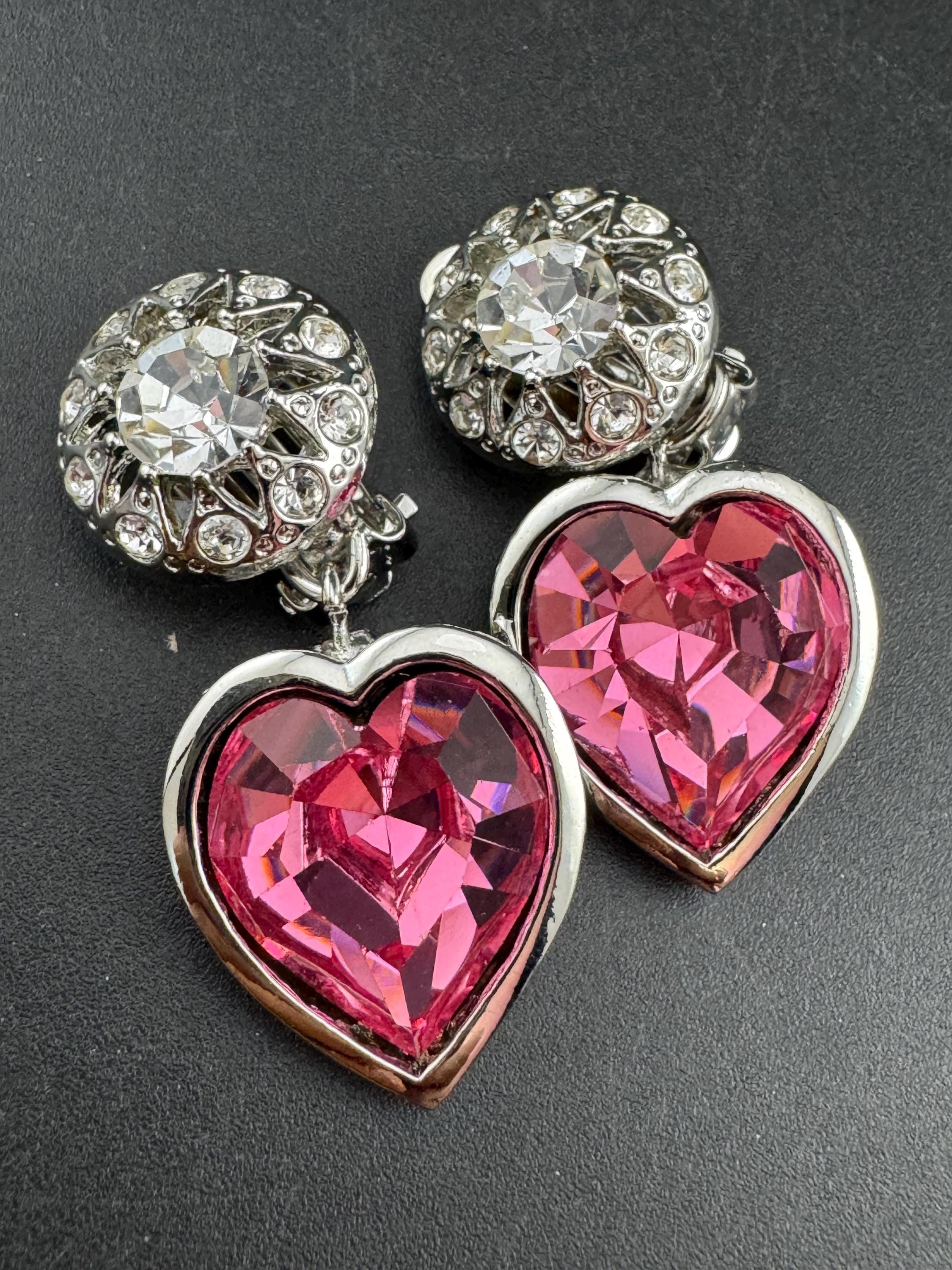 vintage pink Swarovski crystal love heart drop earrings, silver tone