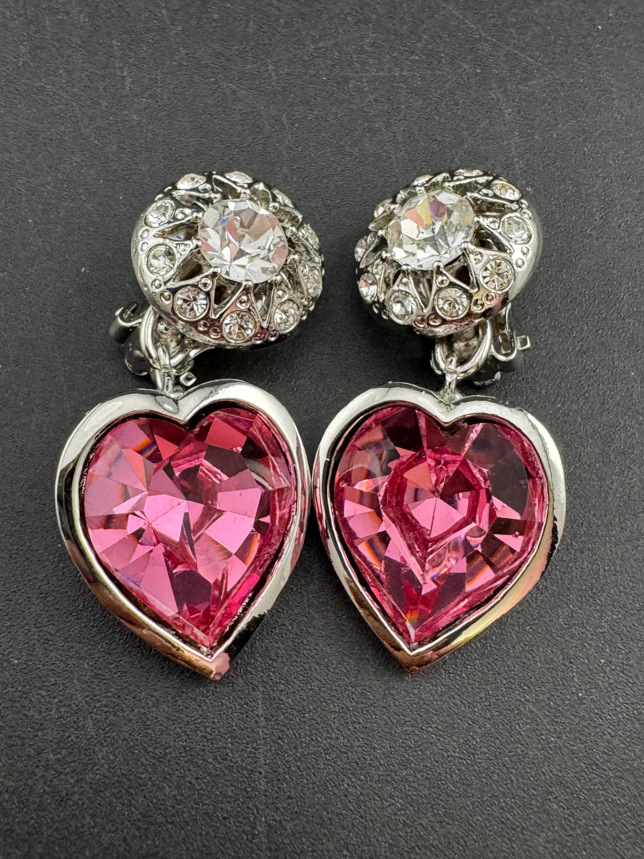 vintage pink Swarovski crystal love heart drop earrings, silver tone