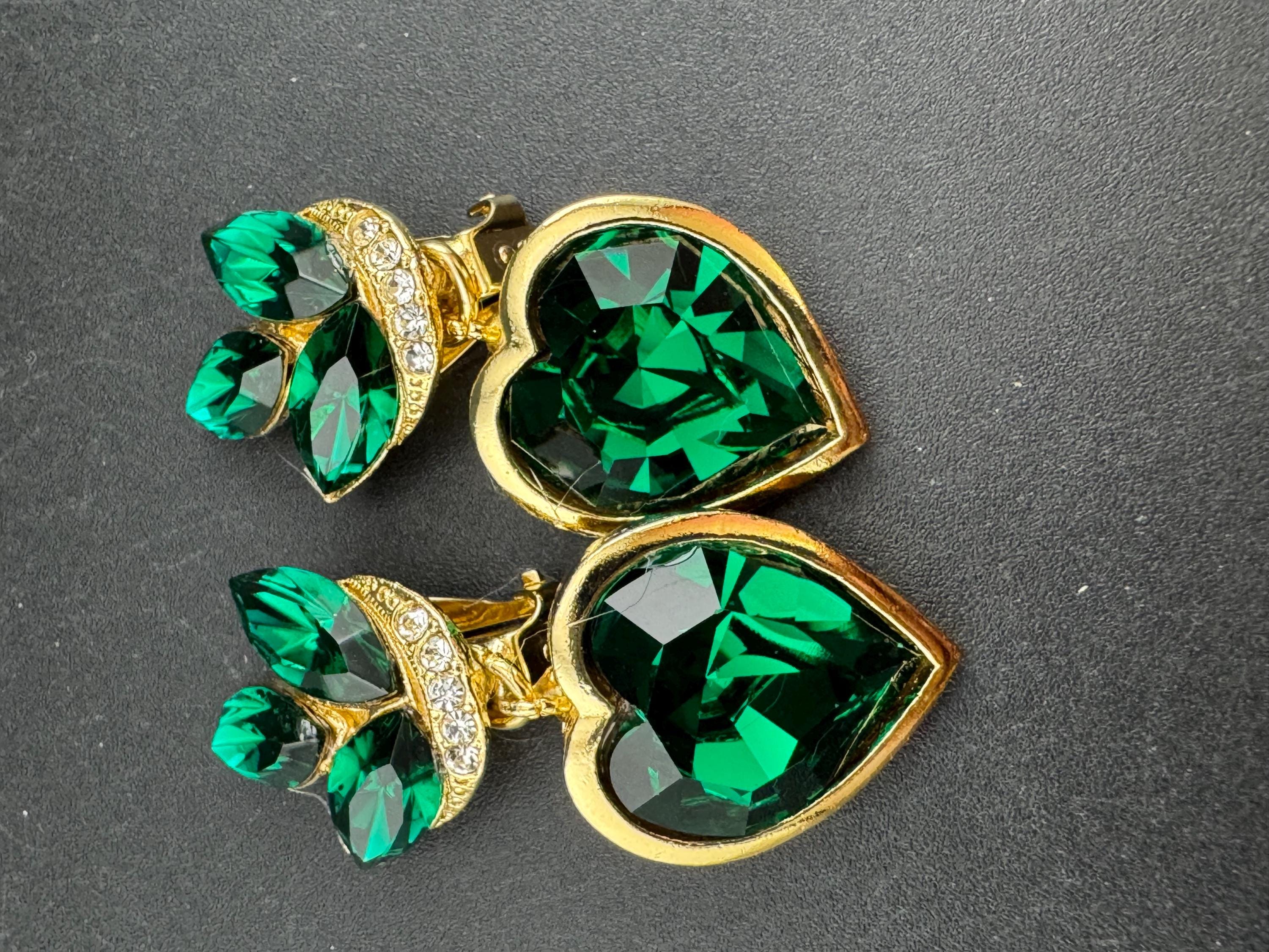 vintage emerald green Swarovski crystal love heart earrings, gold tone  1980s