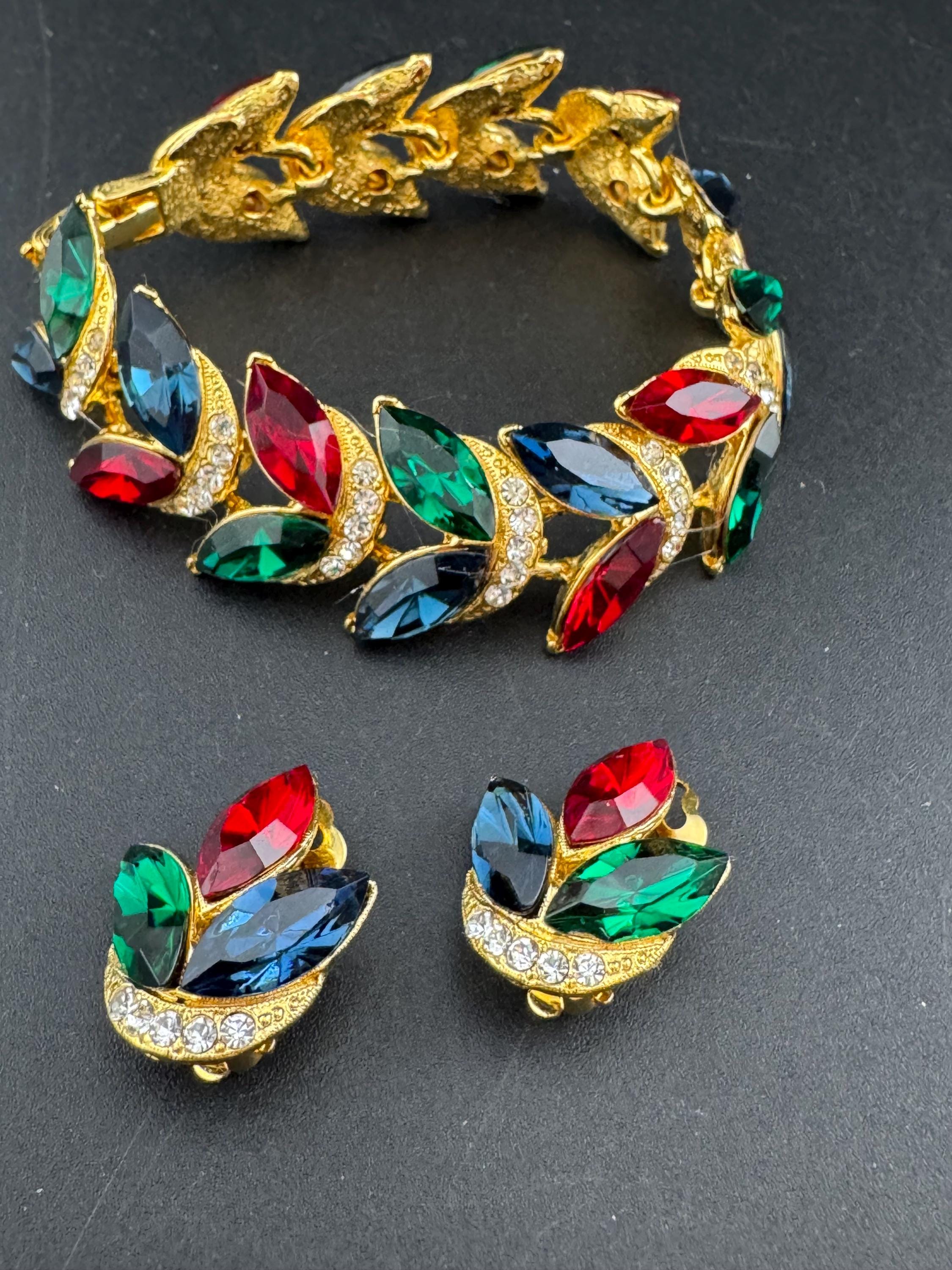 Vintage Swarovski Crystal Jewelry Set: Gold Tone Leaf Bracelet and Clip Earrings