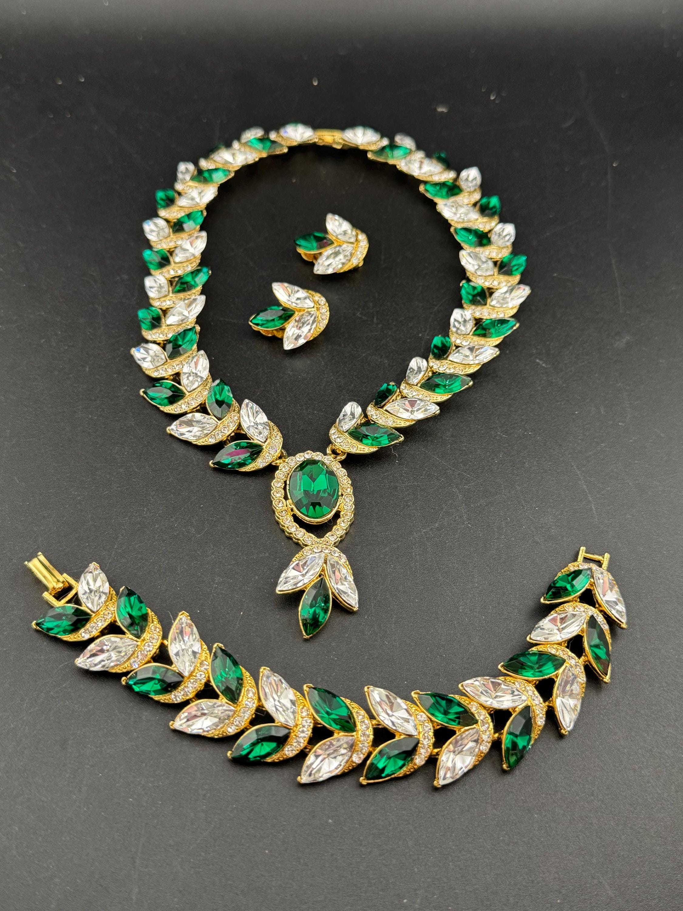 Vintage Emerald Swarovski Crystal Jewellery Set, Gold Plated Necklace, Bracelet, Earrings