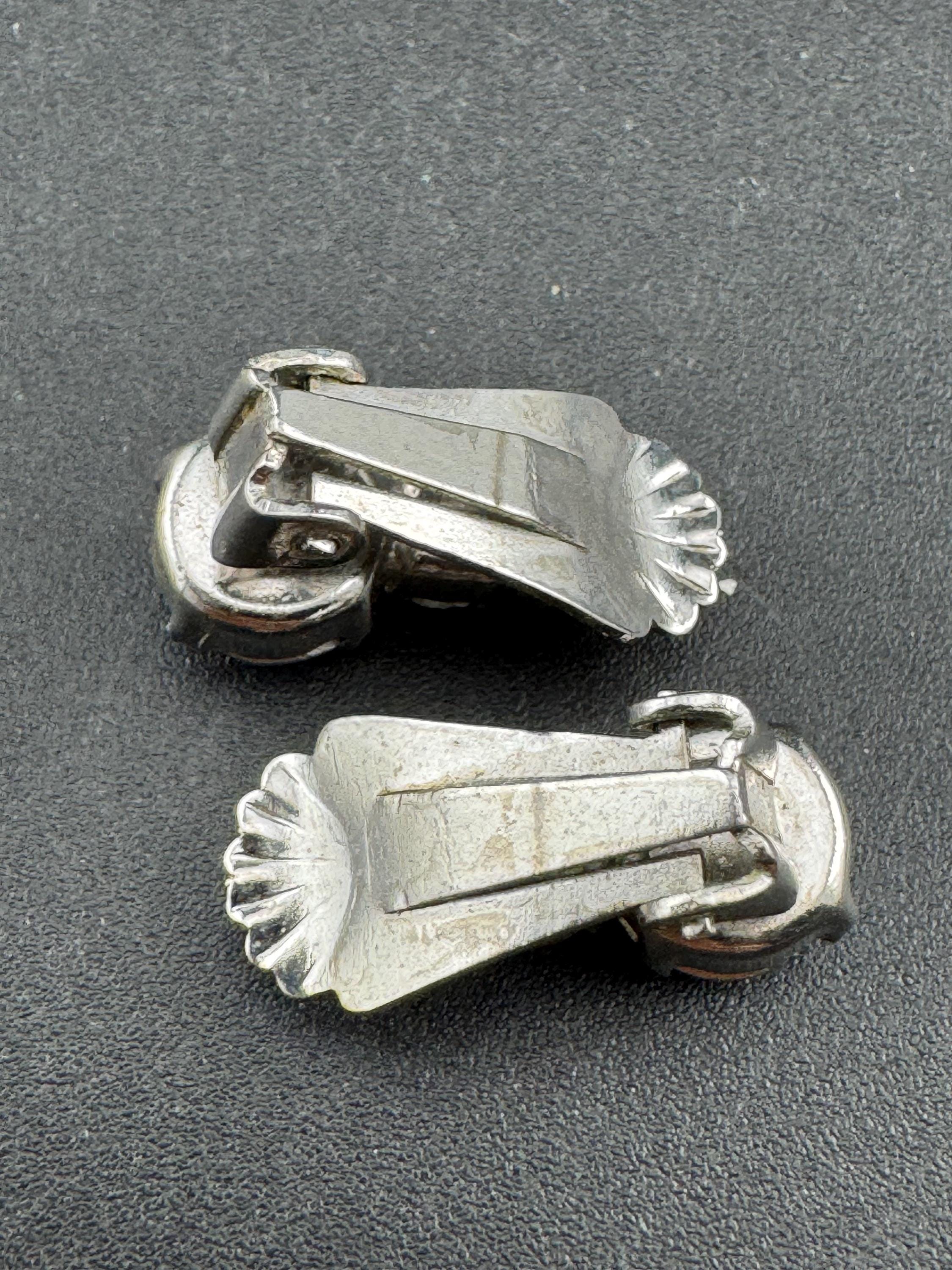 Vintage light blue sapphire and clear glass diamanté clip on earrings, silver tone