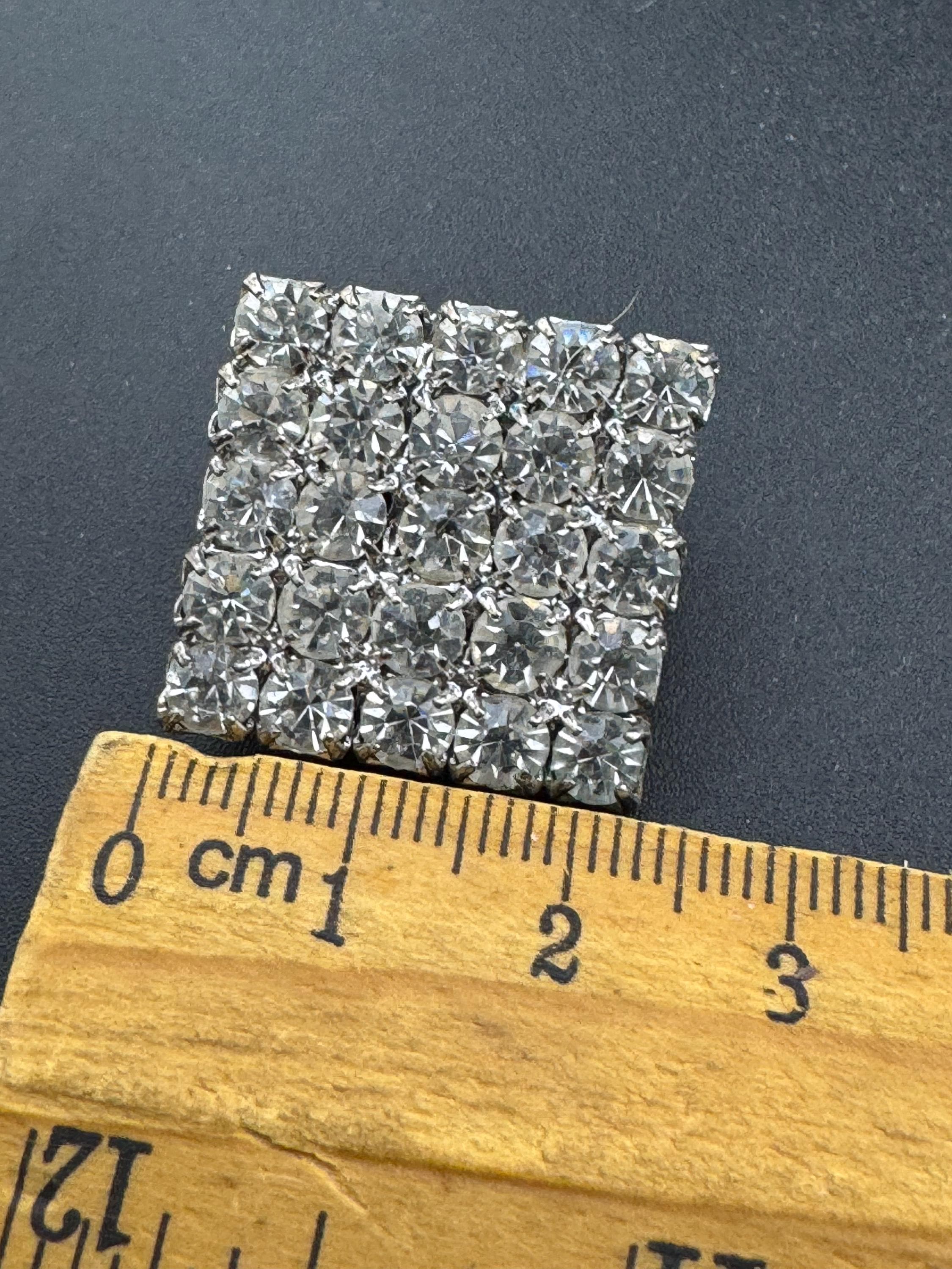 vintage square clear diamanté clip on earrings,  1980s 2cm silver tone