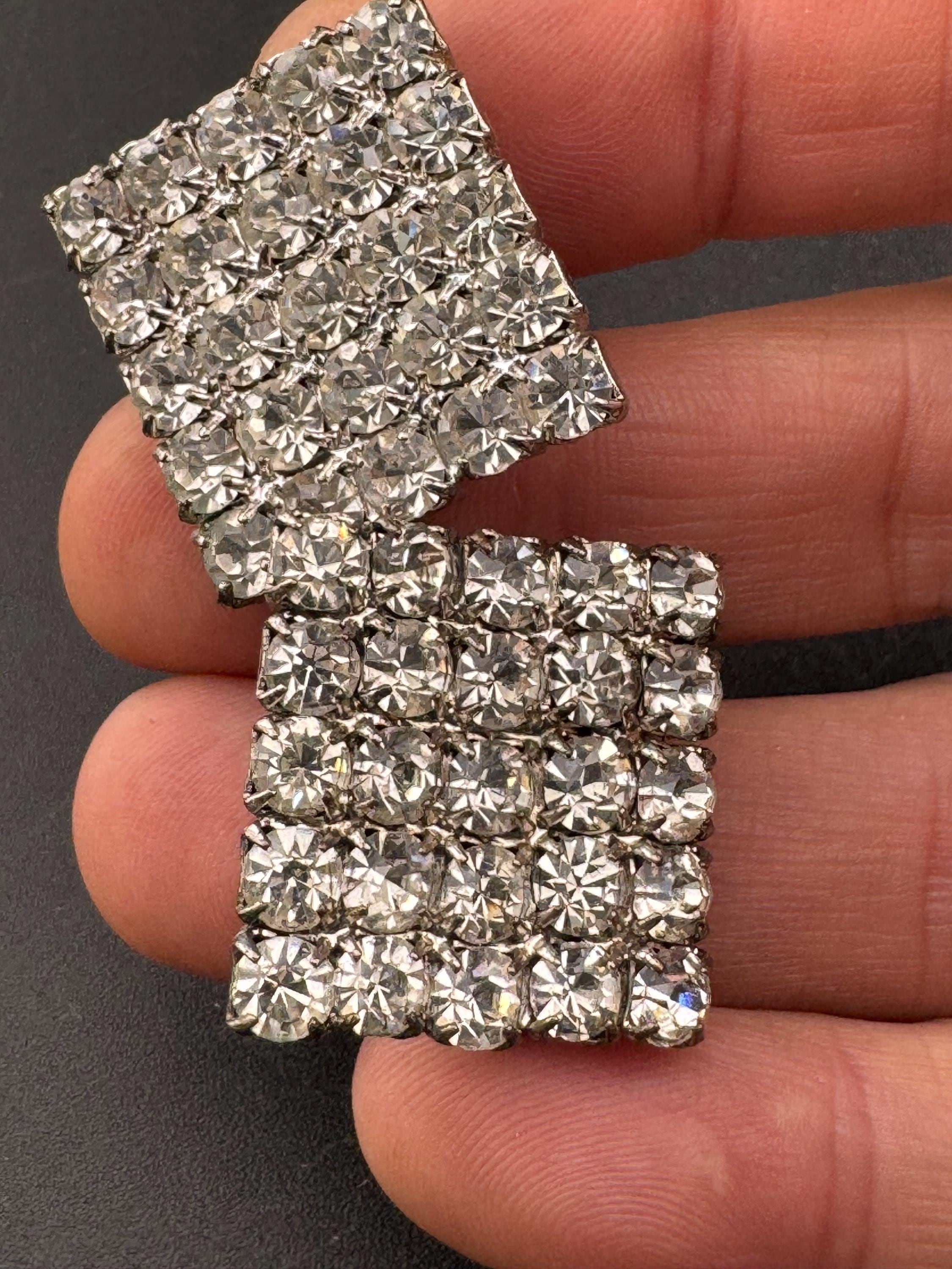 vintage square clear diamanté clip on earrings,  1980s 2cm silver tone