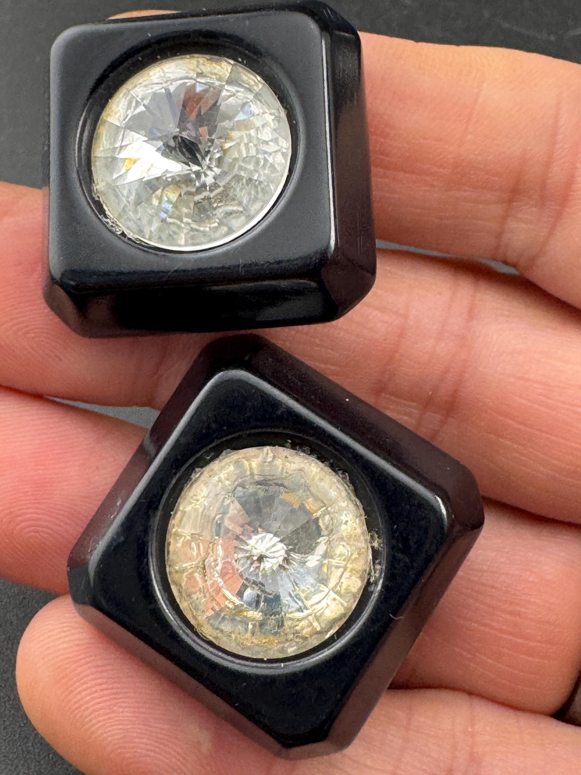 vintage square black acrylic Rivoli crystal diamanté clip on earrings,  clear rhinestones