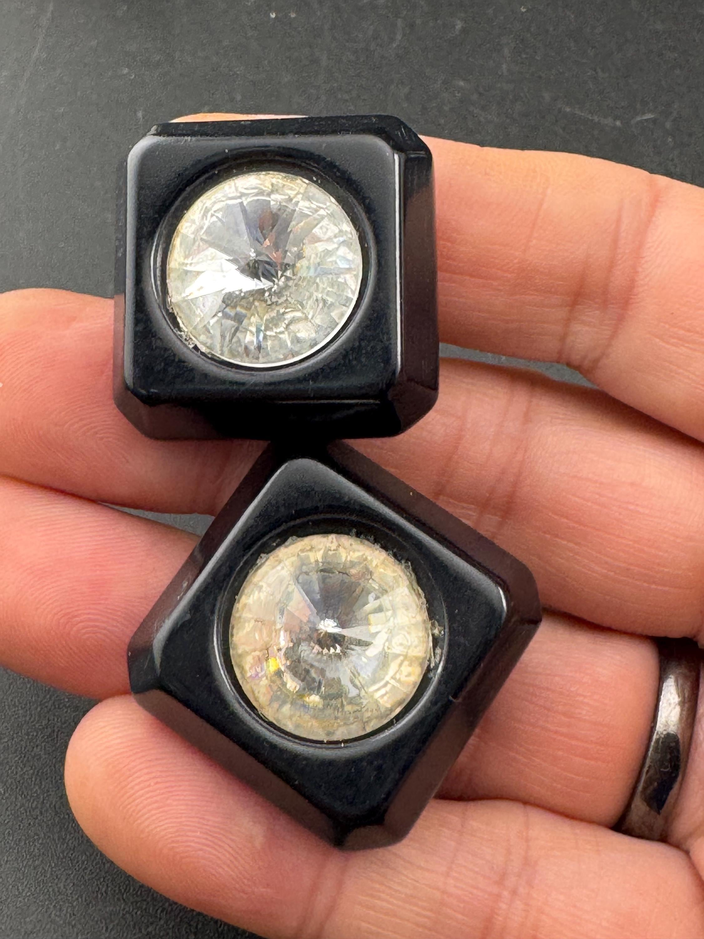 vintage square black acrylic Rivoli crystal diamanté clip on earrings,  clear rhinestones
