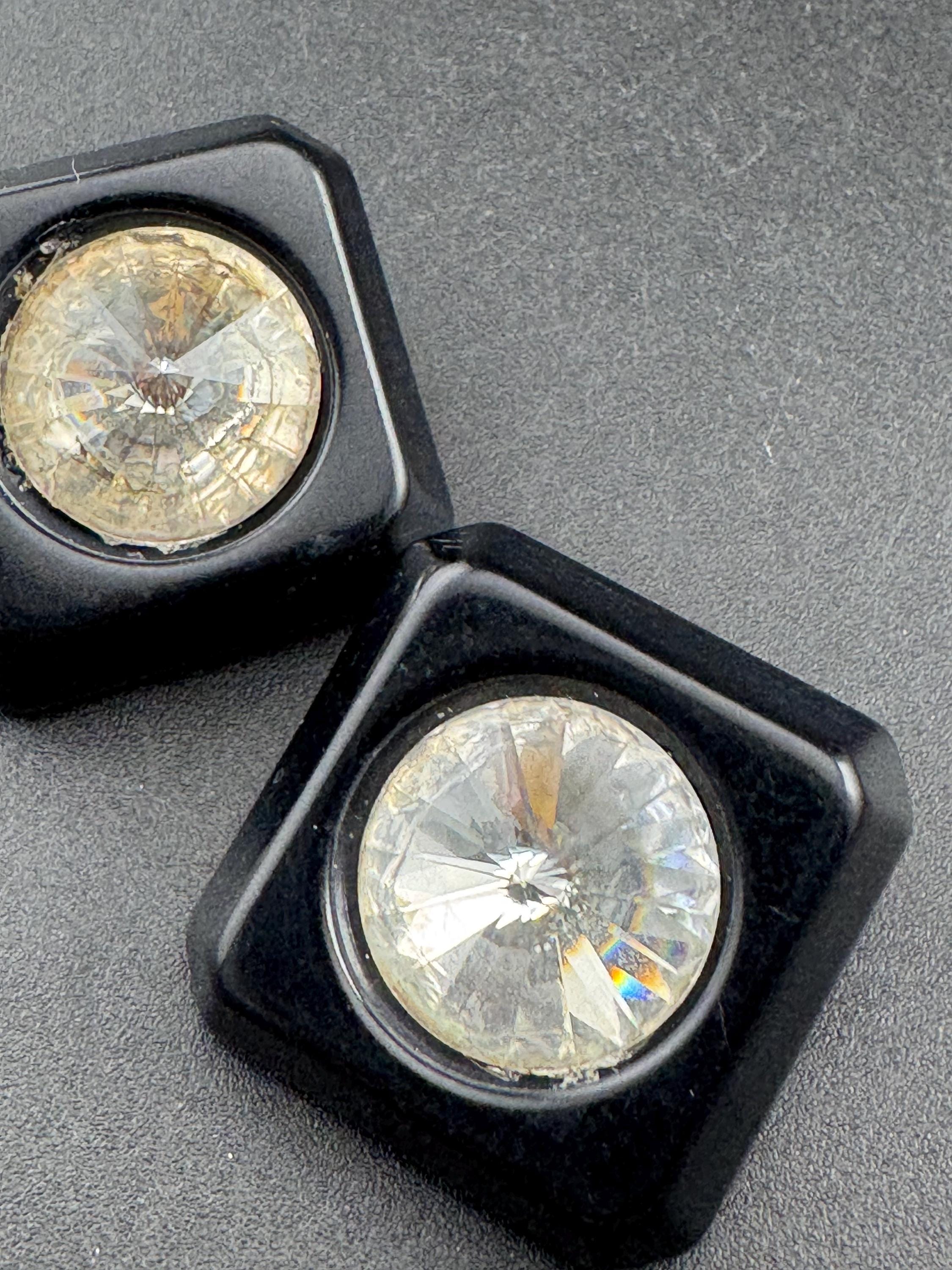 vintage square black acrylic Rivoli crystal diamanté clip on earrings,  clear rhinestones