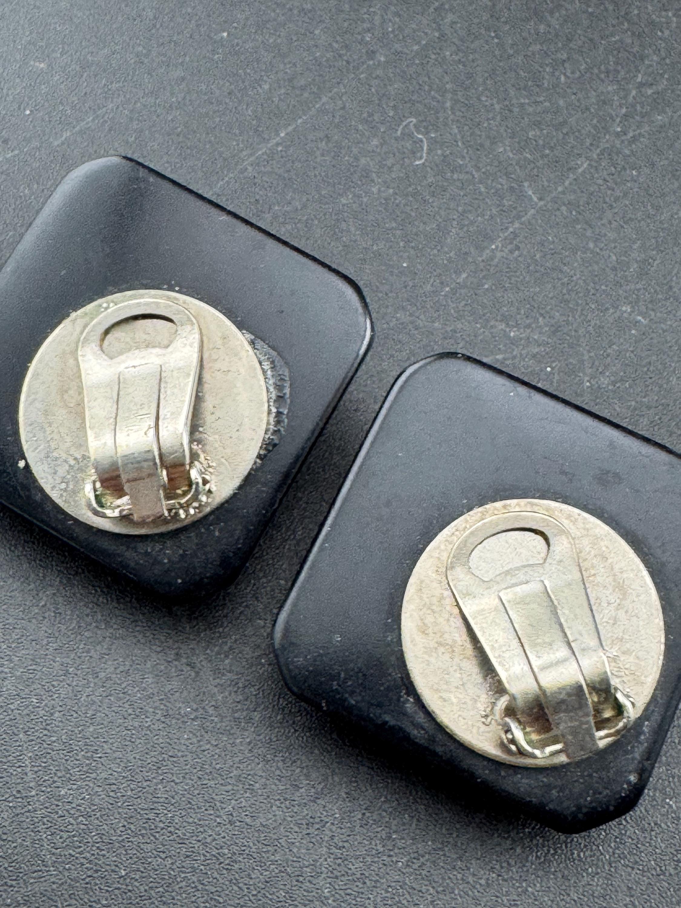 vintage square black acrylic Rivoli crystal diamanté clip on earrings,  clear rhinestones