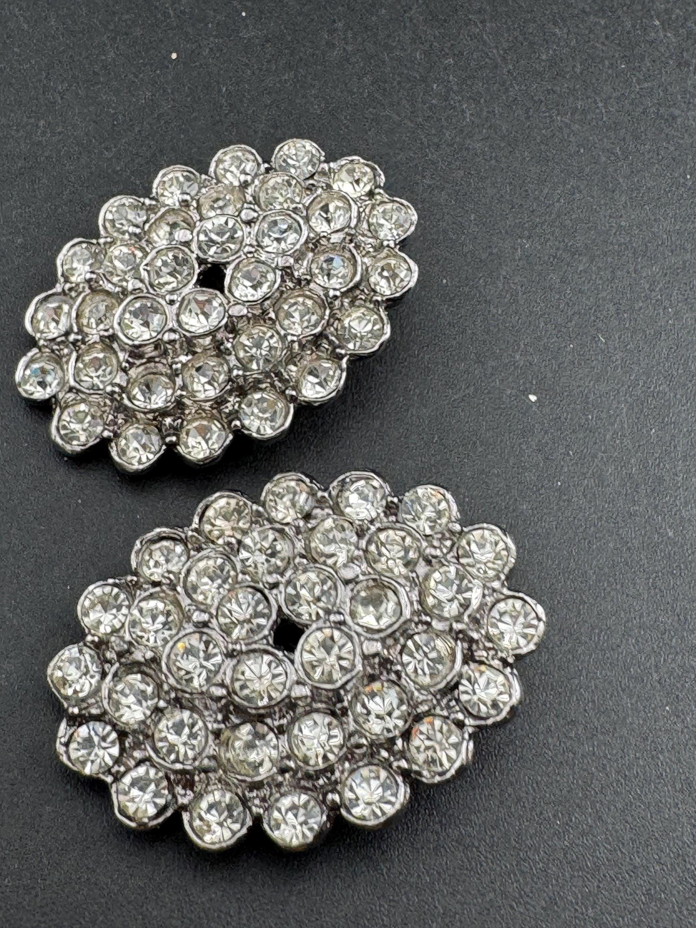 vintage oversized clear diamanté oval earrings, 1980s silver tone