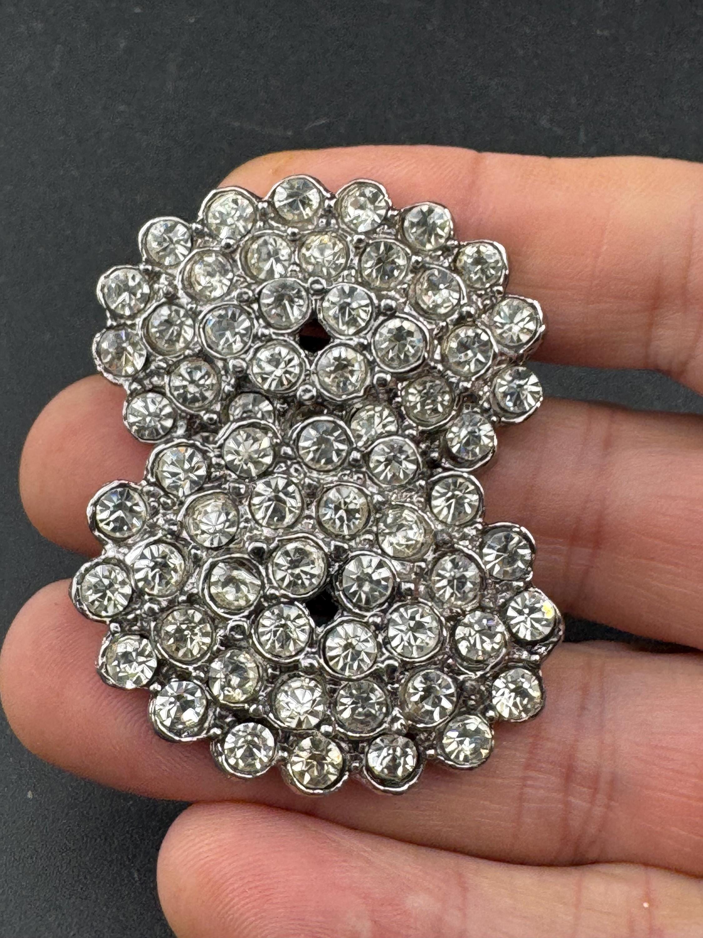 vintage oversized clear diamanté oval earrings, 1980s silver tone