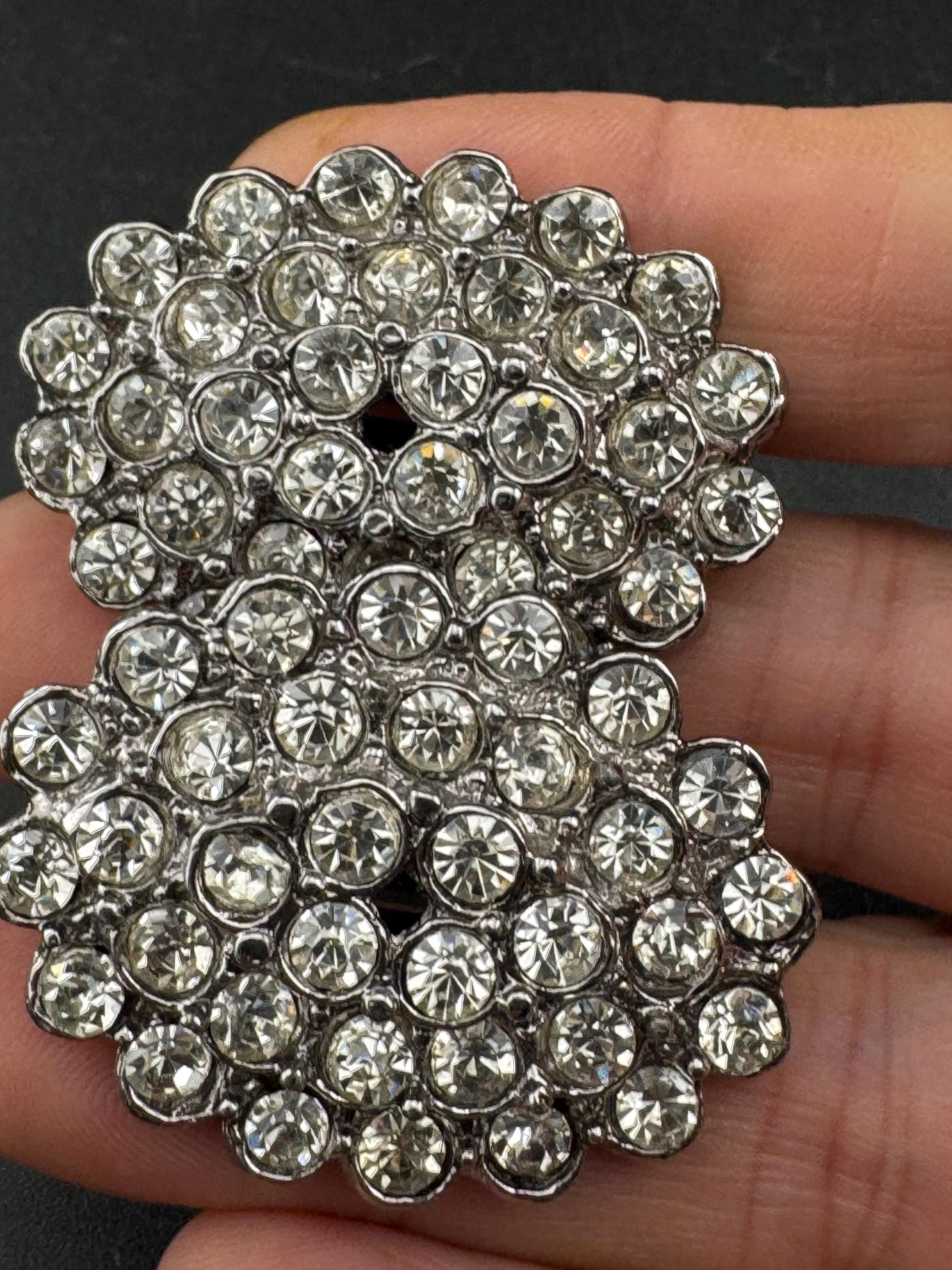 vintage oversized clear diamanté oval earrings, 1980s silver tone