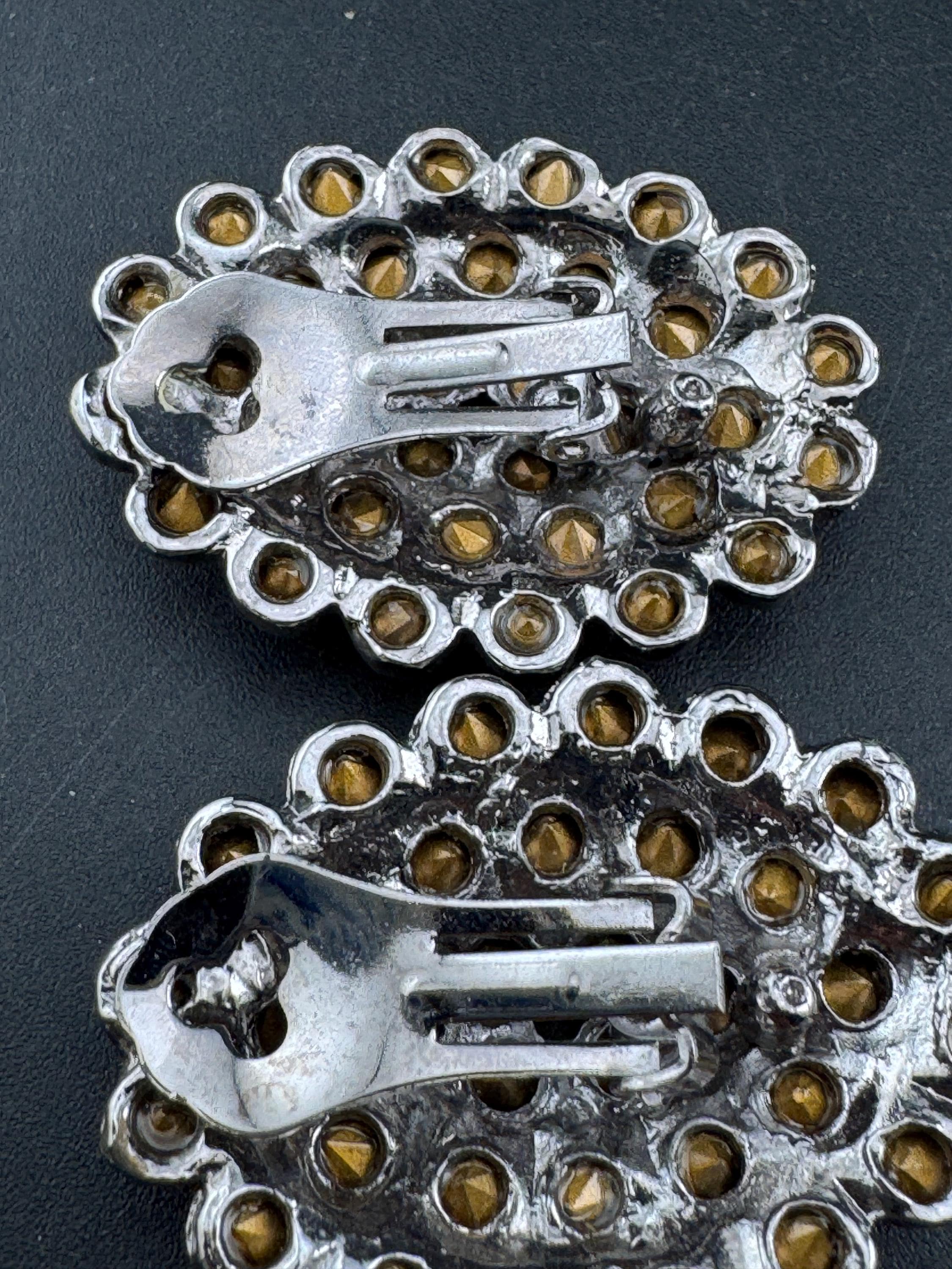 vintage oversized clear diamanté oval earrings, 1980s silver tone