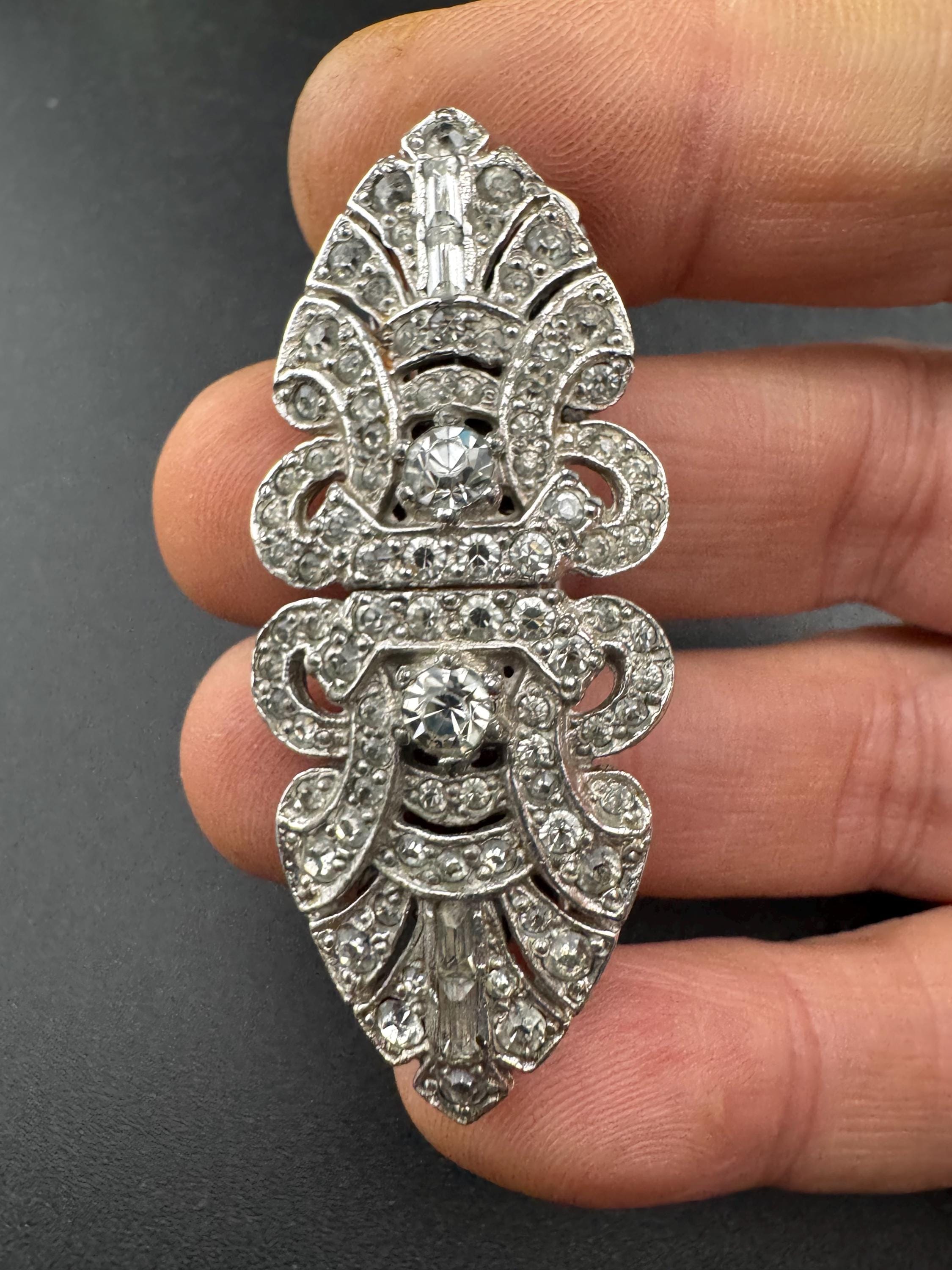 Art deco duette dress clip combination diamante brooch, silver tone