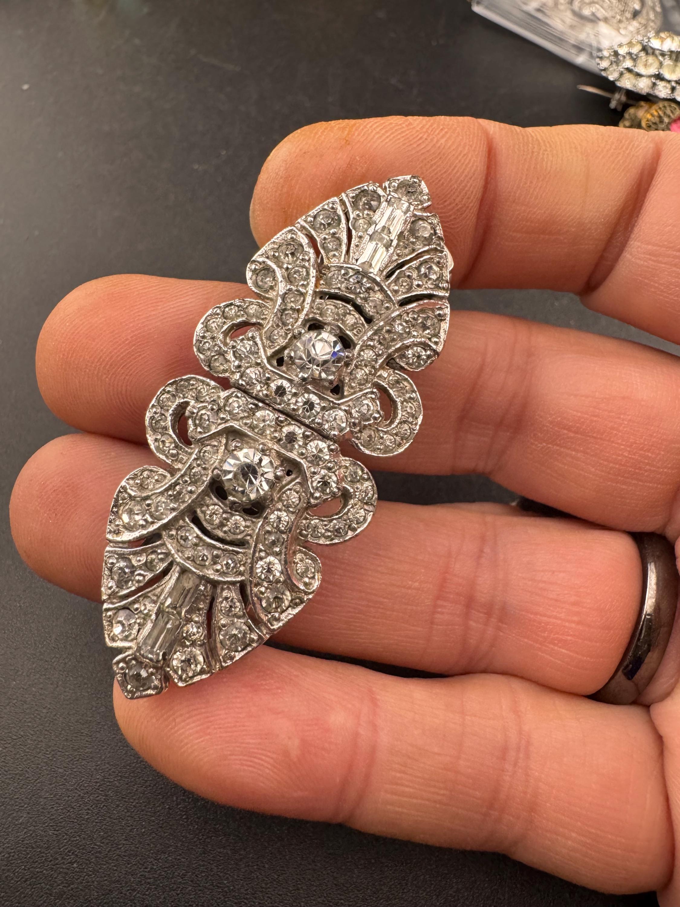 Art deco duette dress clip combination diamante brooch, silver tone