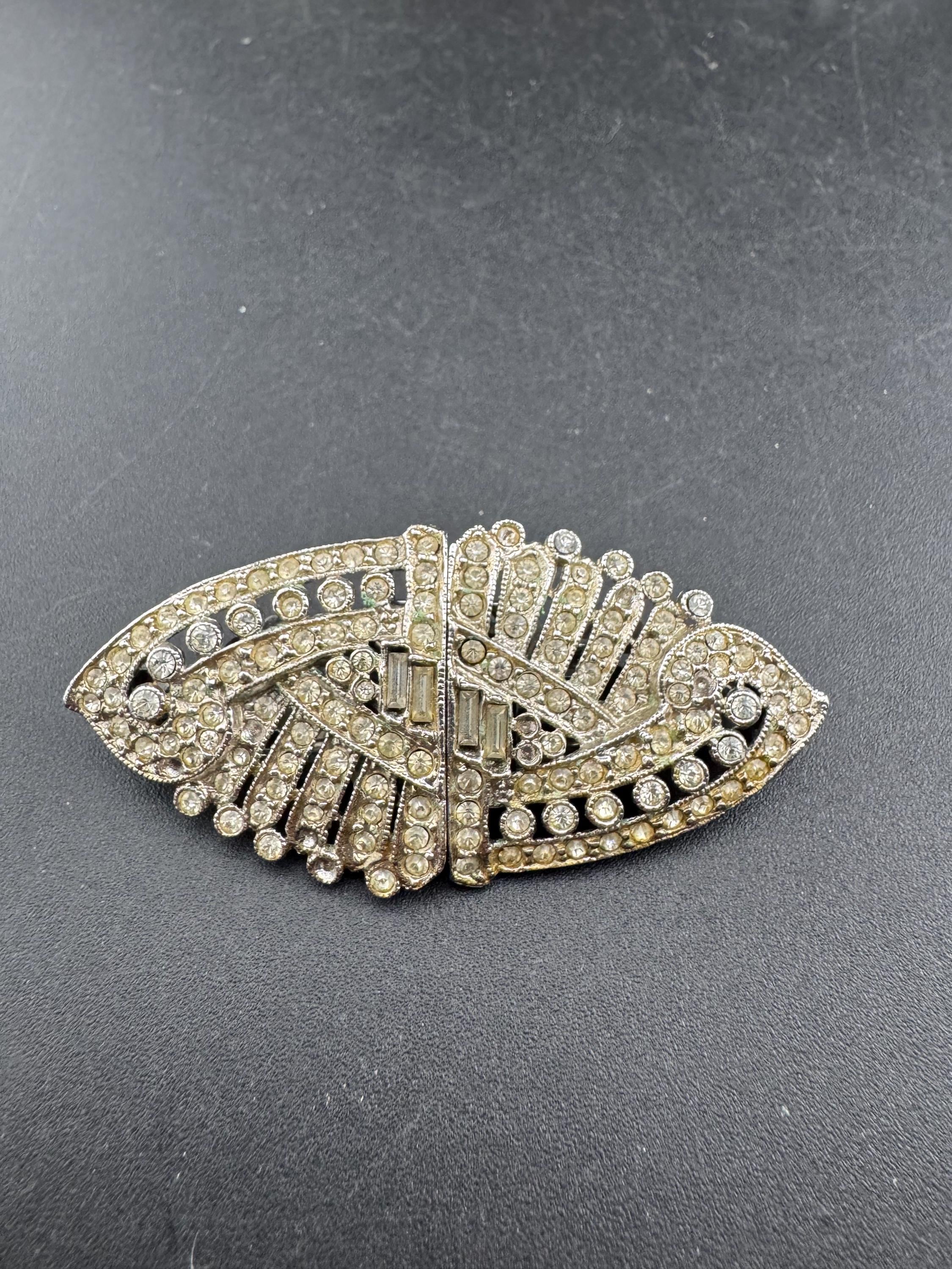 Duette pair of Dress Clips Combination Brooch Marcasite Silver chrome metal Art Deco