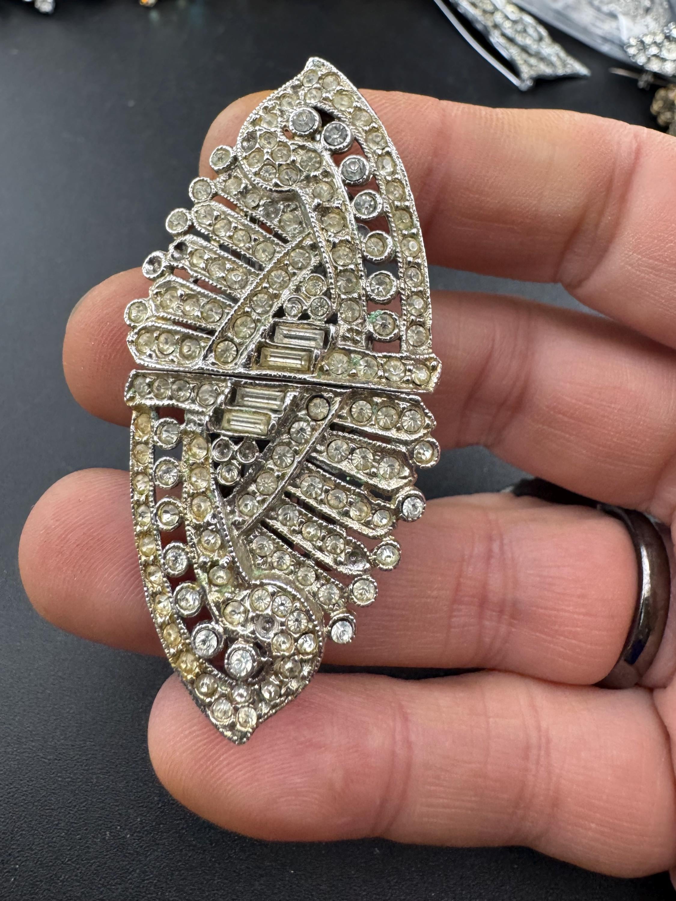 Duette pair of Dress Clips Combination Brooch Marcasite Silver chrome metal Art Deco