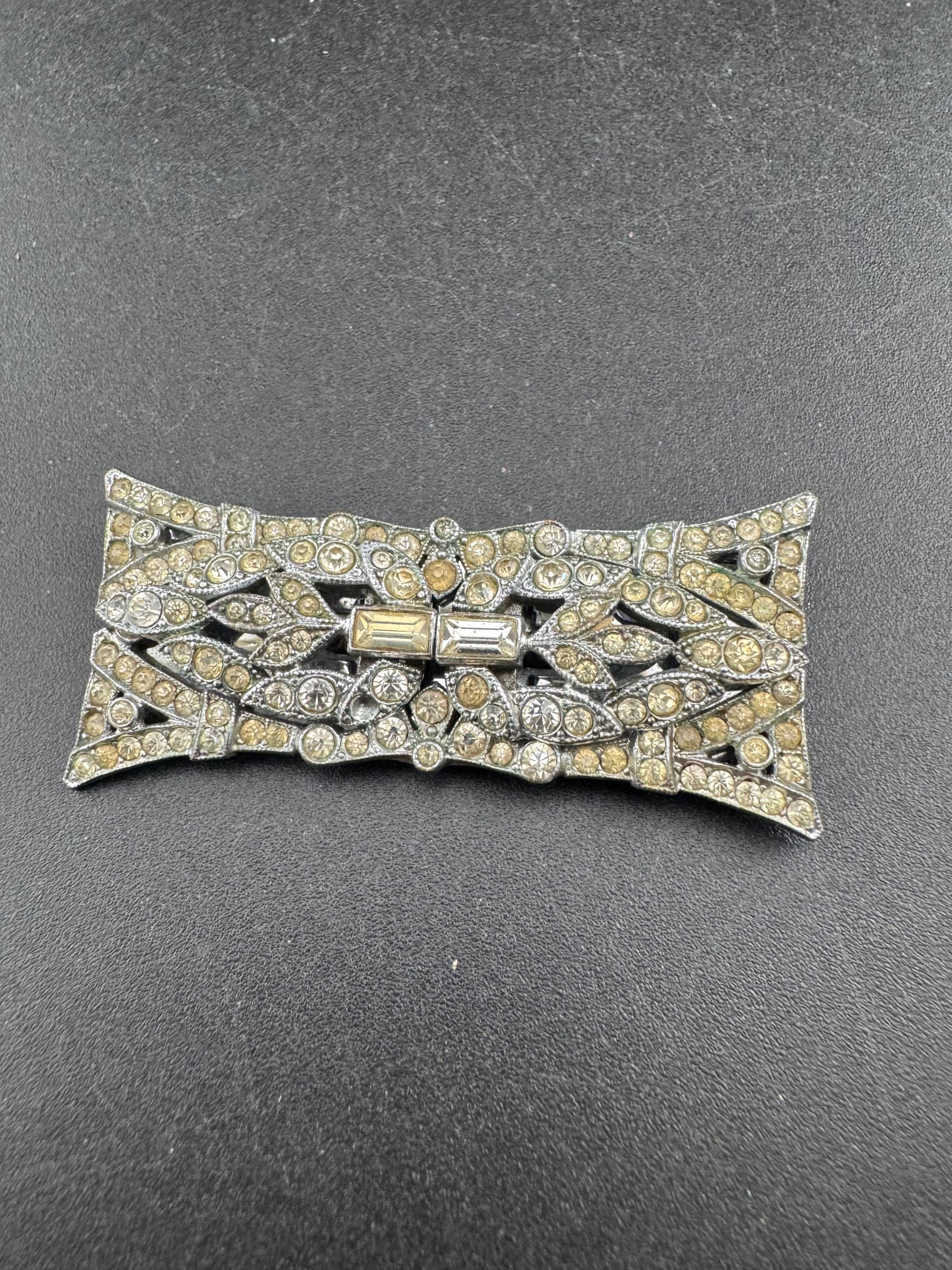 Art deco duette dress clip combination diamante brooch, silver tone geometric as found