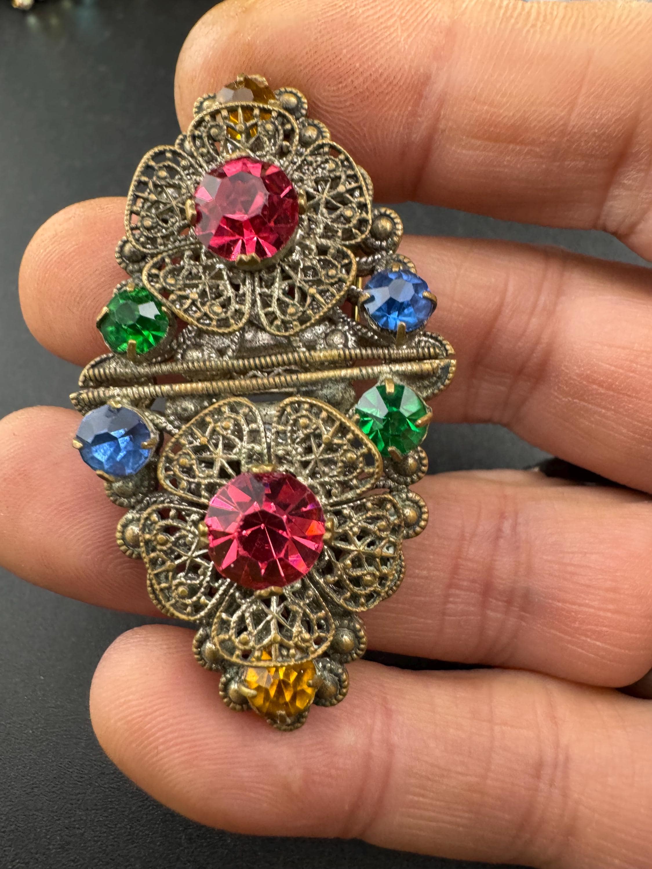 Pair of dress Clips Combination Brooch, rainbow paste Czech brass fittings