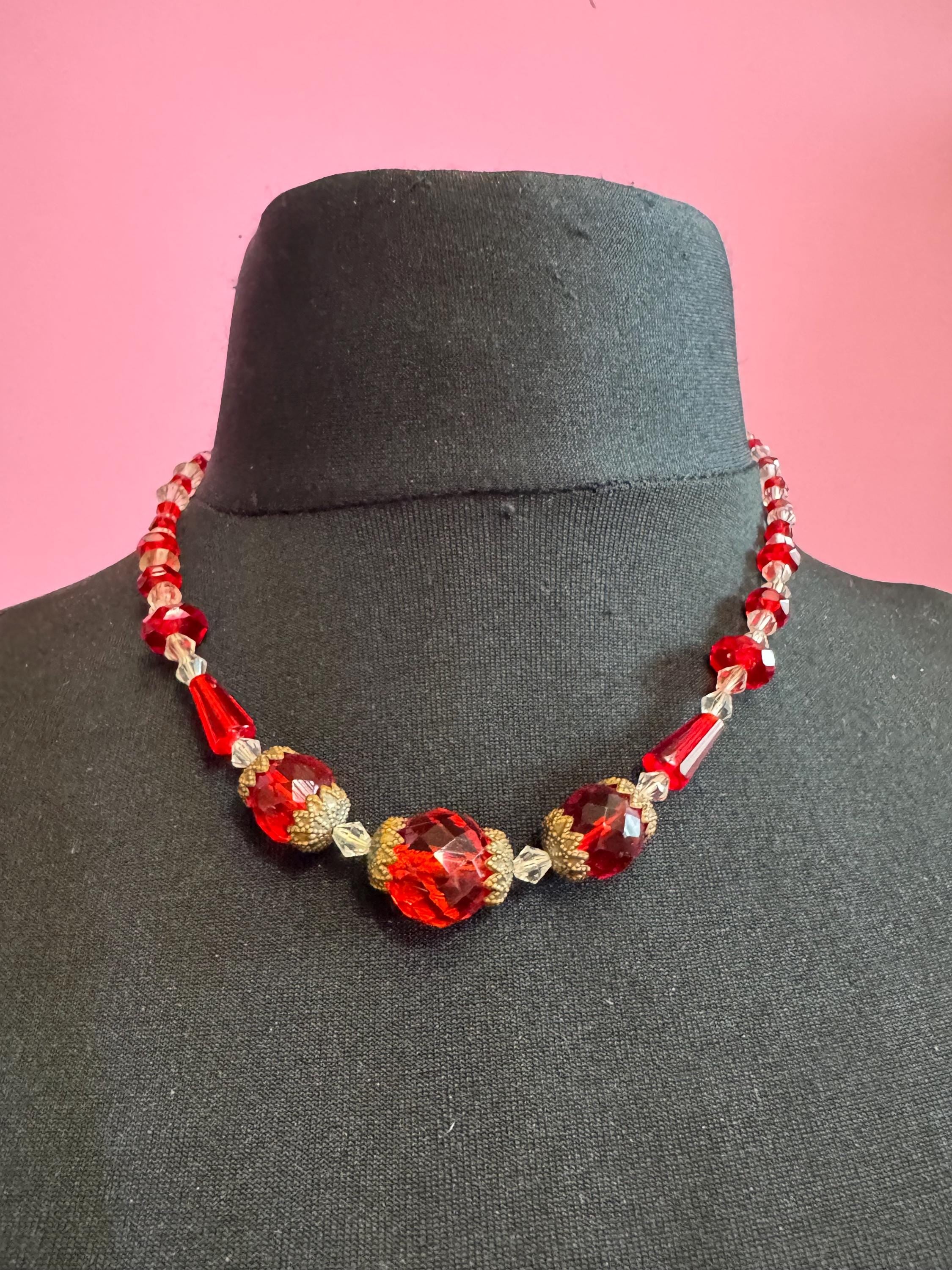 Vintage Czech red and clear cut glass beaded art deco necklace