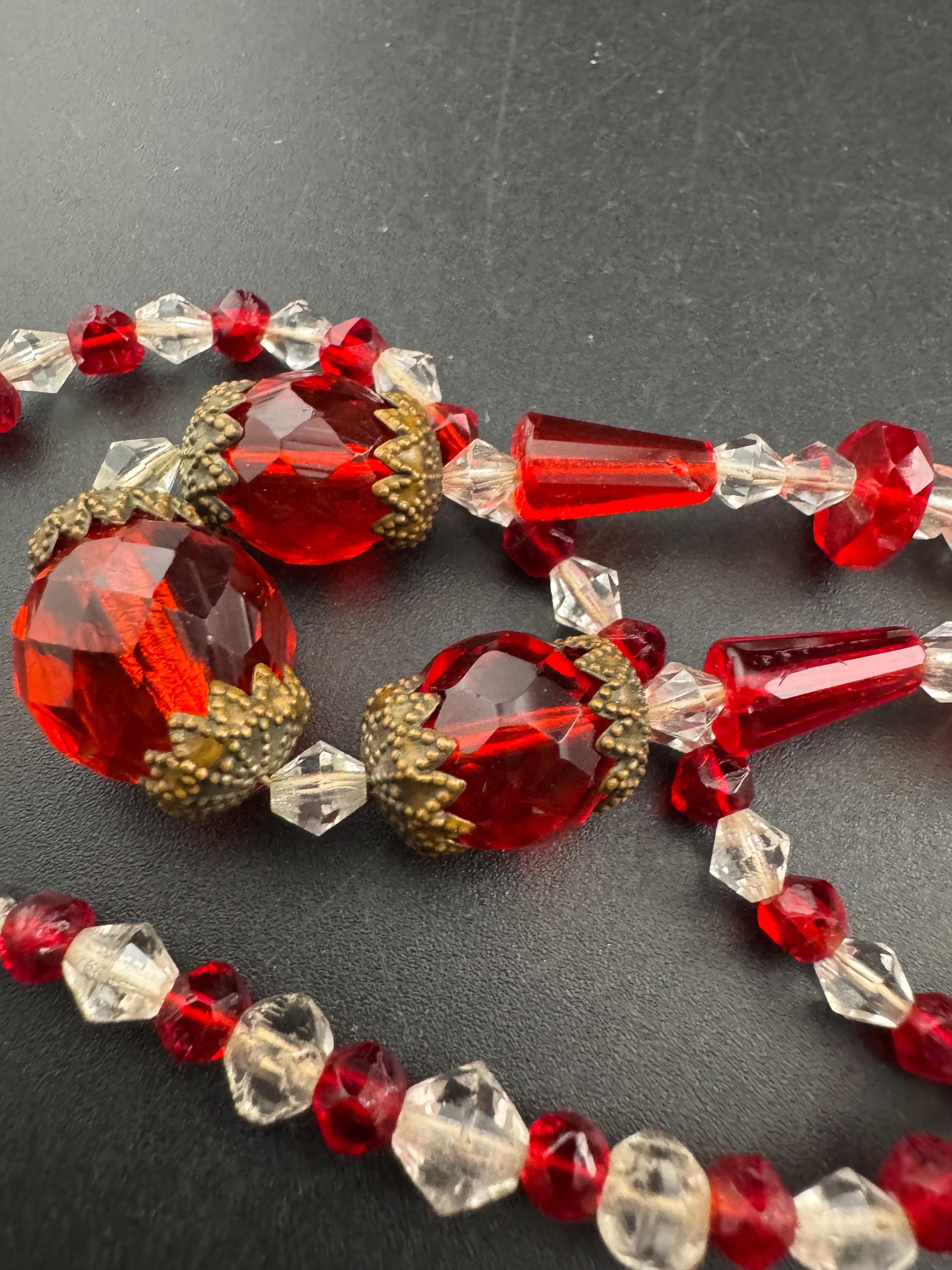 Vintage Czech red and clear cut glass beaded art deco necklace