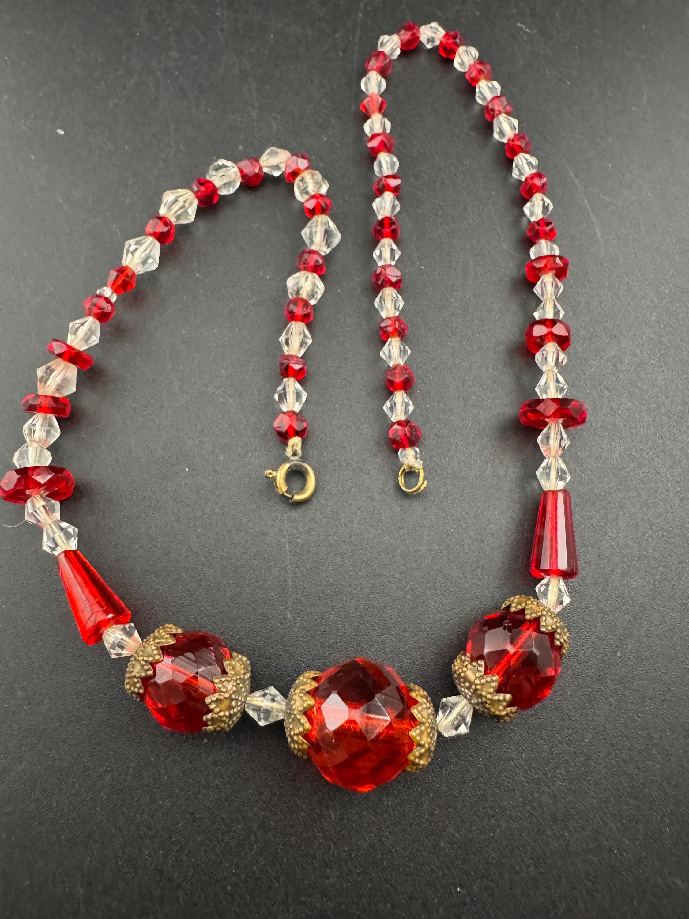 Vintage Czech red and clear cut glass beaded art deco necklace