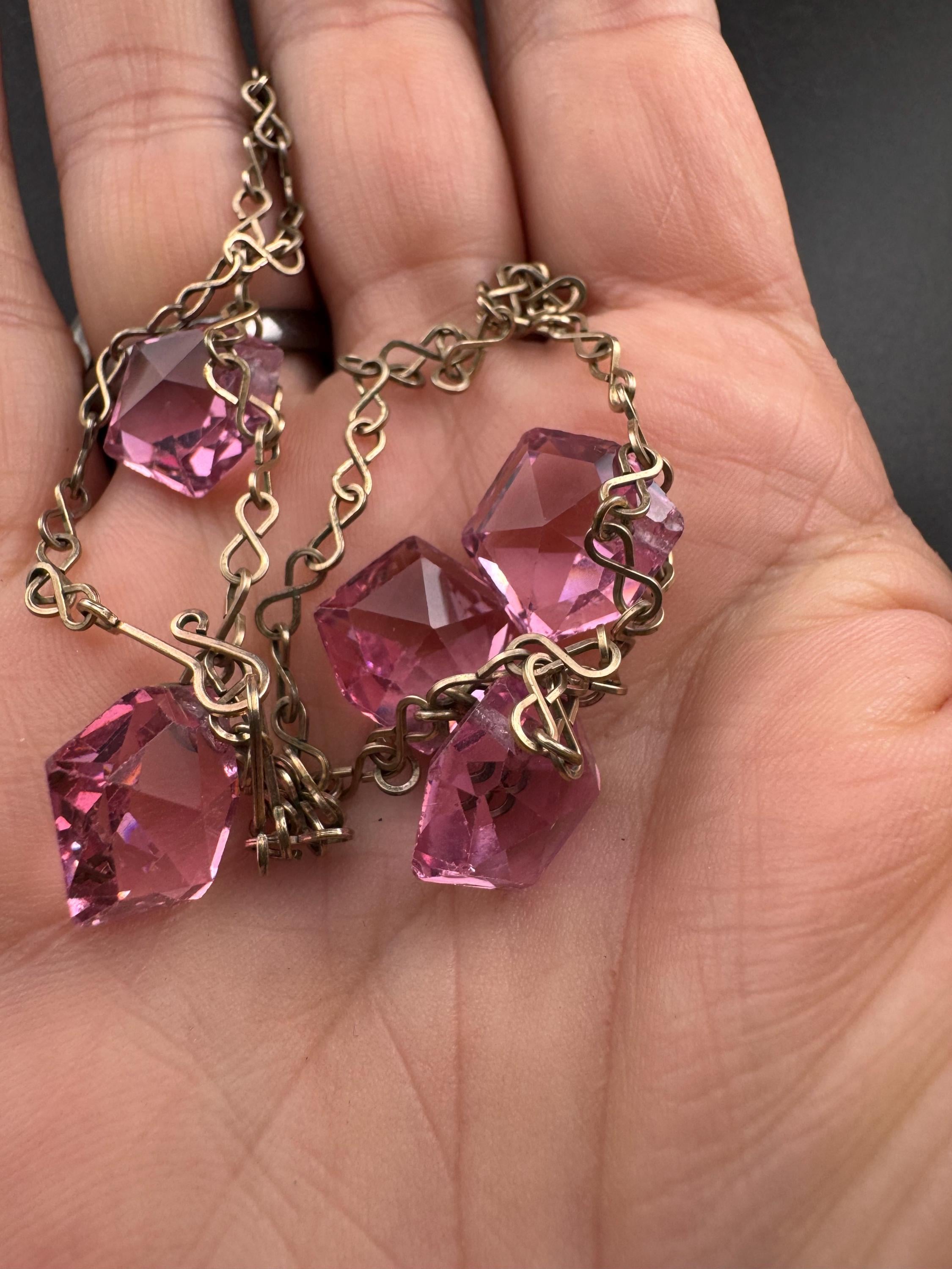 Art Deco pink glass crystal drop necklace, gilt metal chain