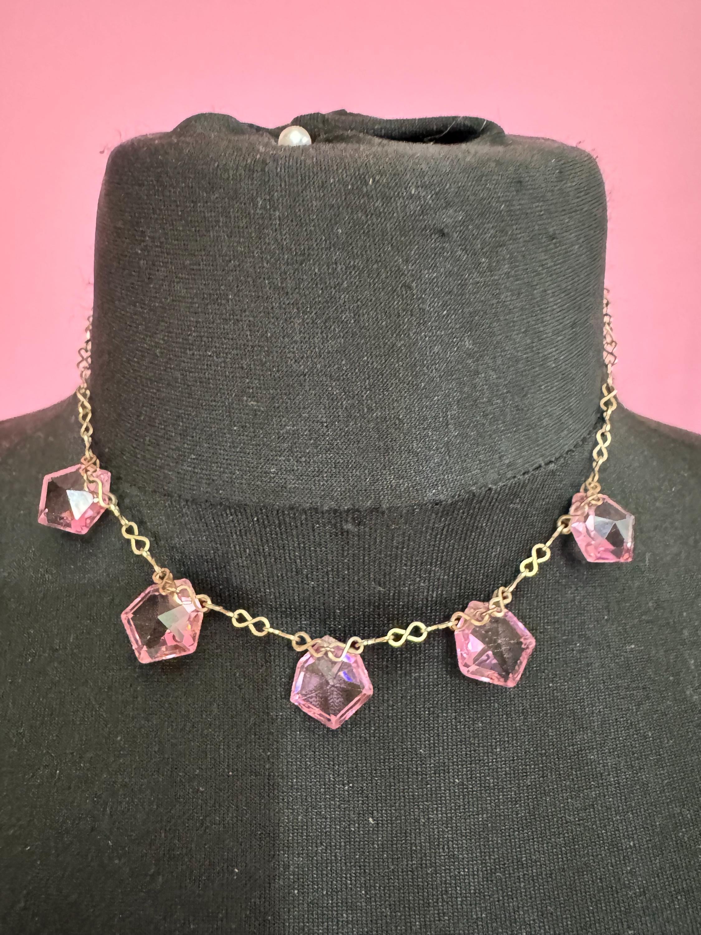 Art Deco pink glass crystal drop necklace, gilt metal chain