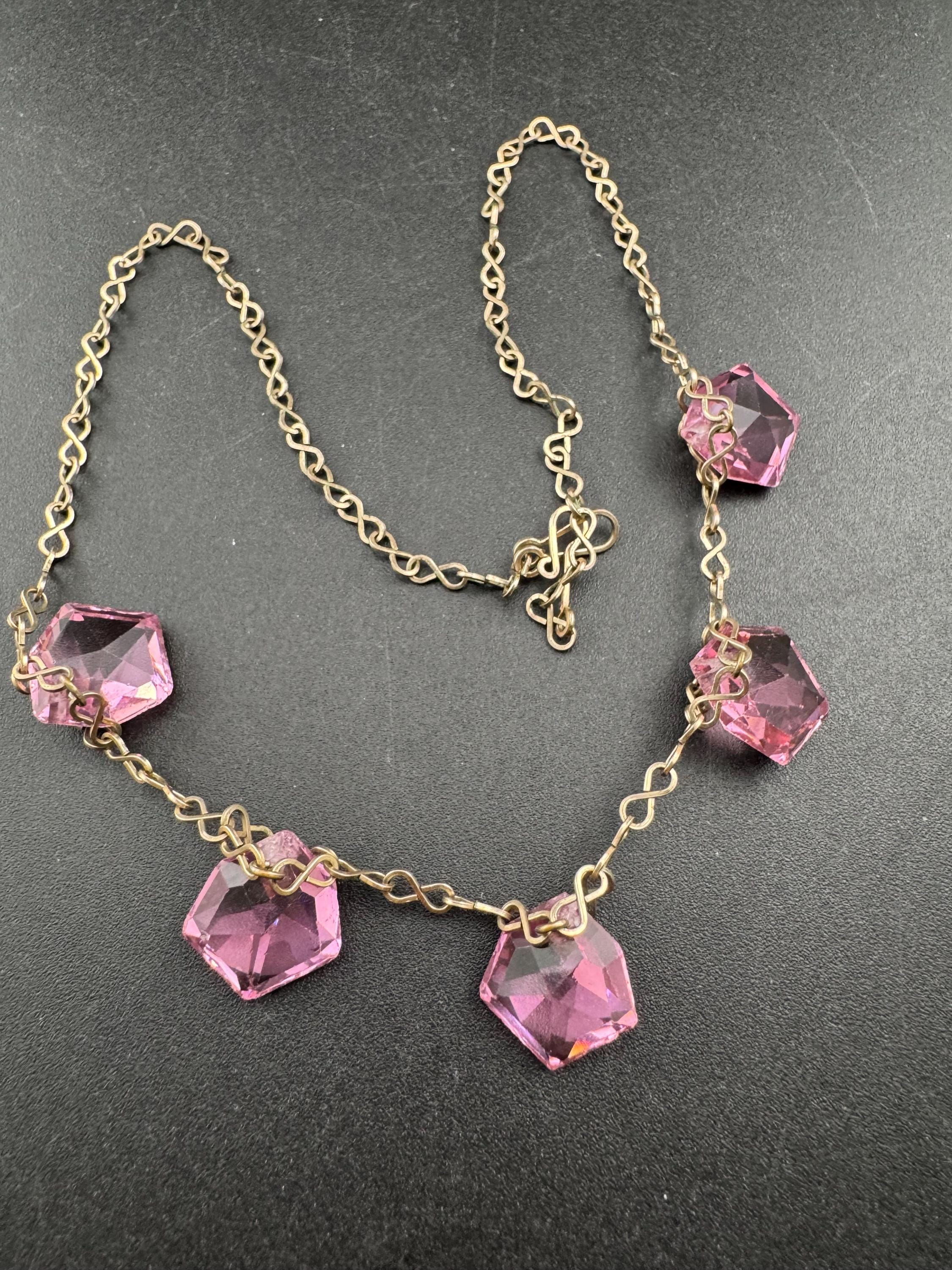 Art Deco pink glass crystal drop necklace, gilt metal chain