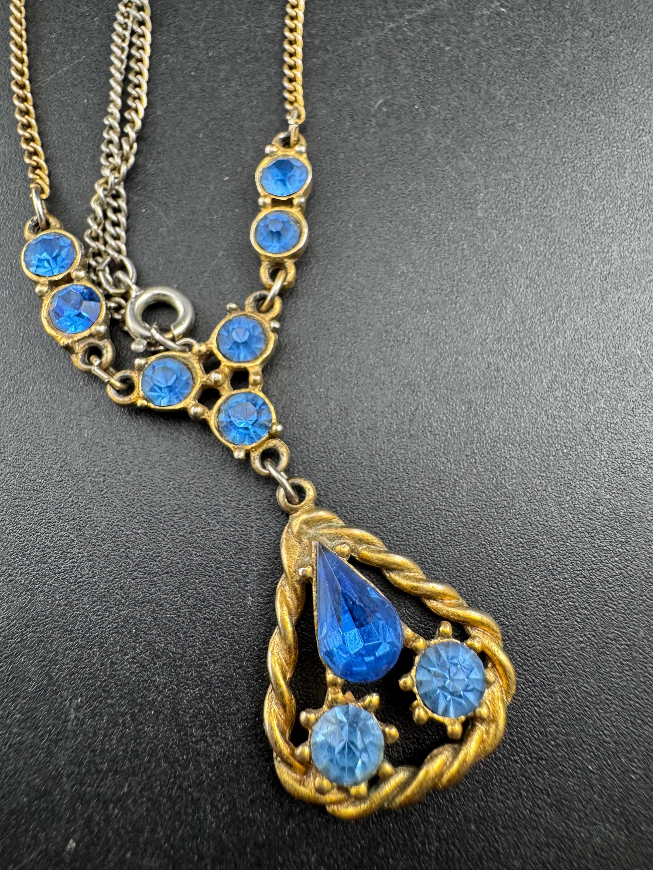 Art Deco sapphire diamante Paste drop pendant necklace, gold tone