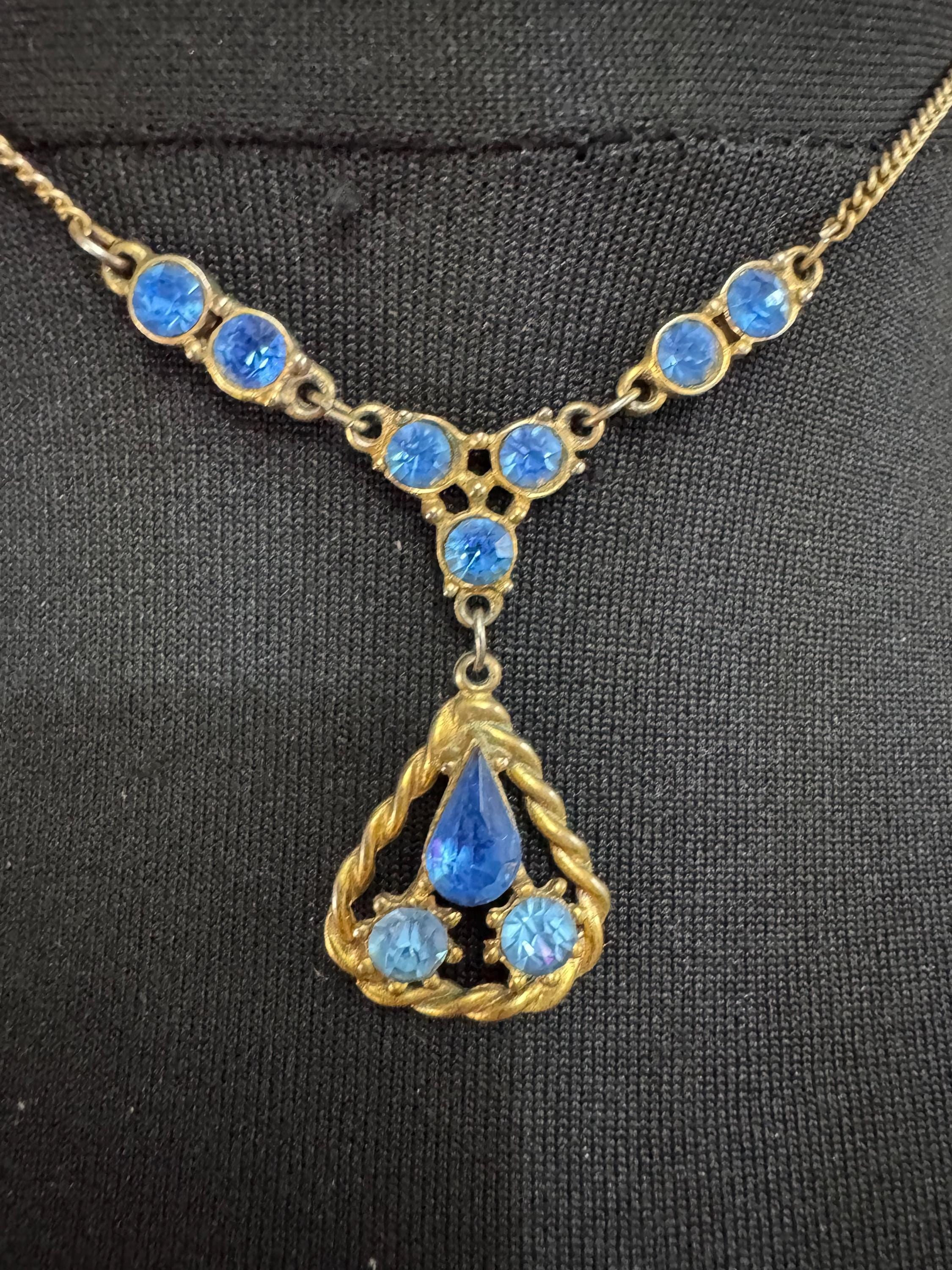 Art Deco sapphire diamante Paste drop pendant necklace, gold tone