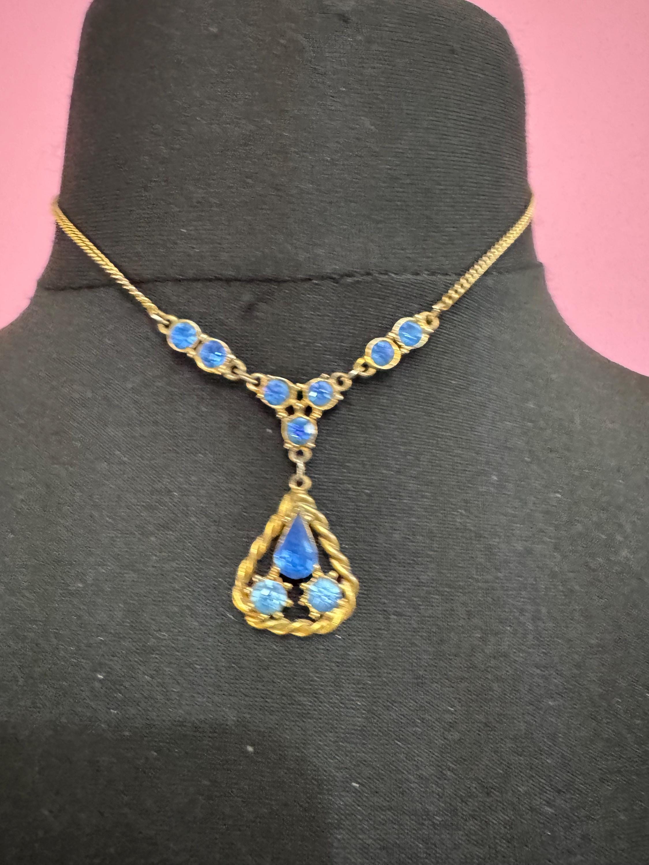 Art Deco sapphire diamante Paste drop pendant necklace, gold tone