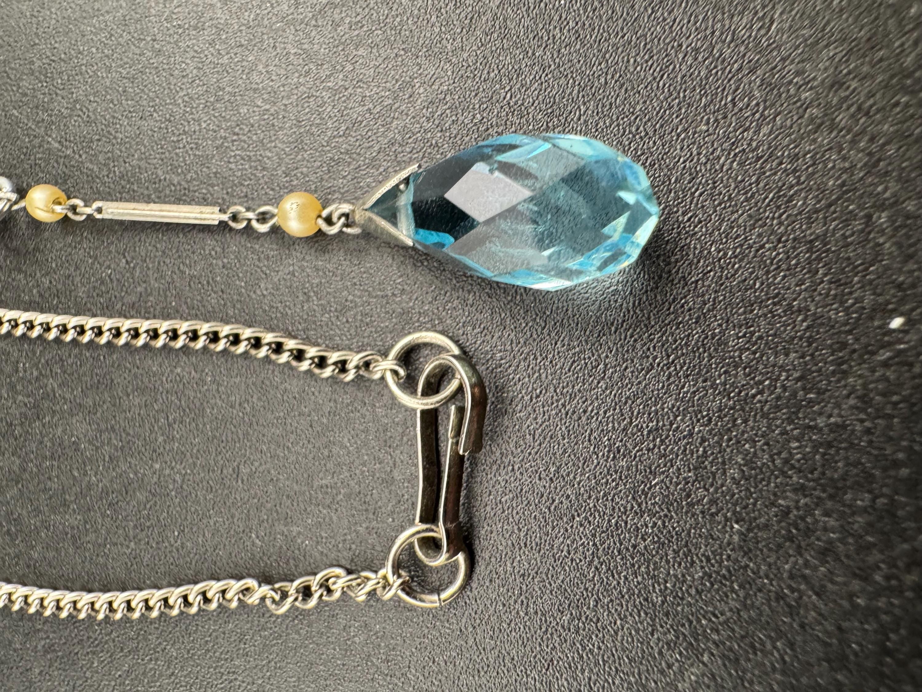 Art Deco sapphire blue glass drop necklace with seed pearls, silver tone