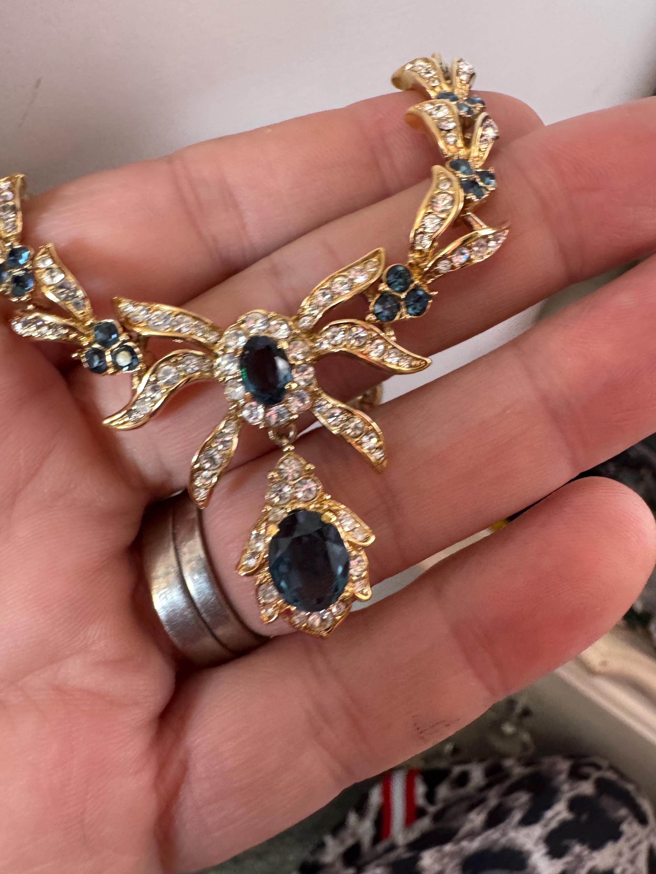 Vintage early Attwood and Sawyer sapphire Rhinestone drop Necklace, signed gold tone