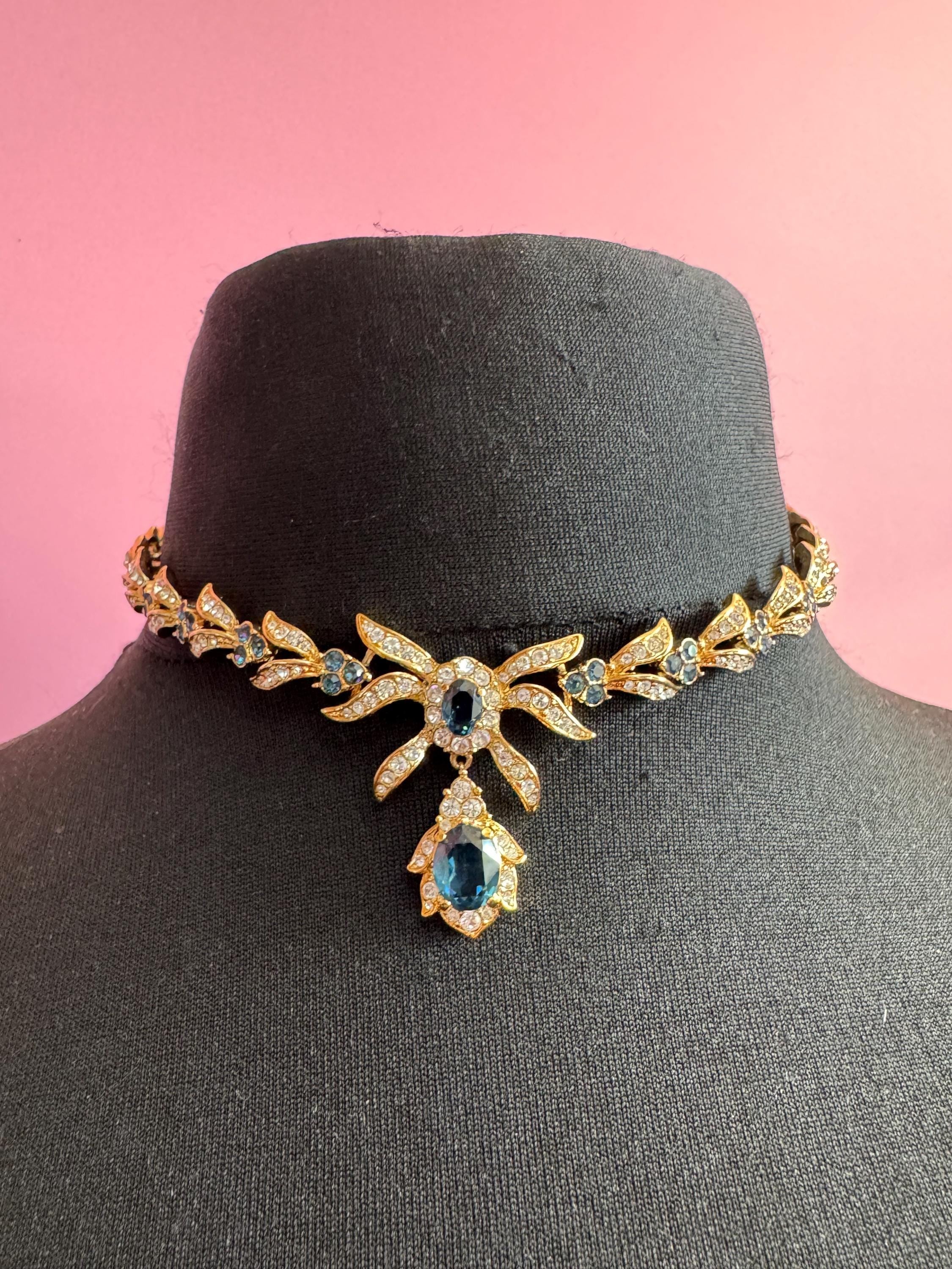 Vintage early Attwood and Sawyer sapphire Rhinestone drop Necklace, signed gold tone
