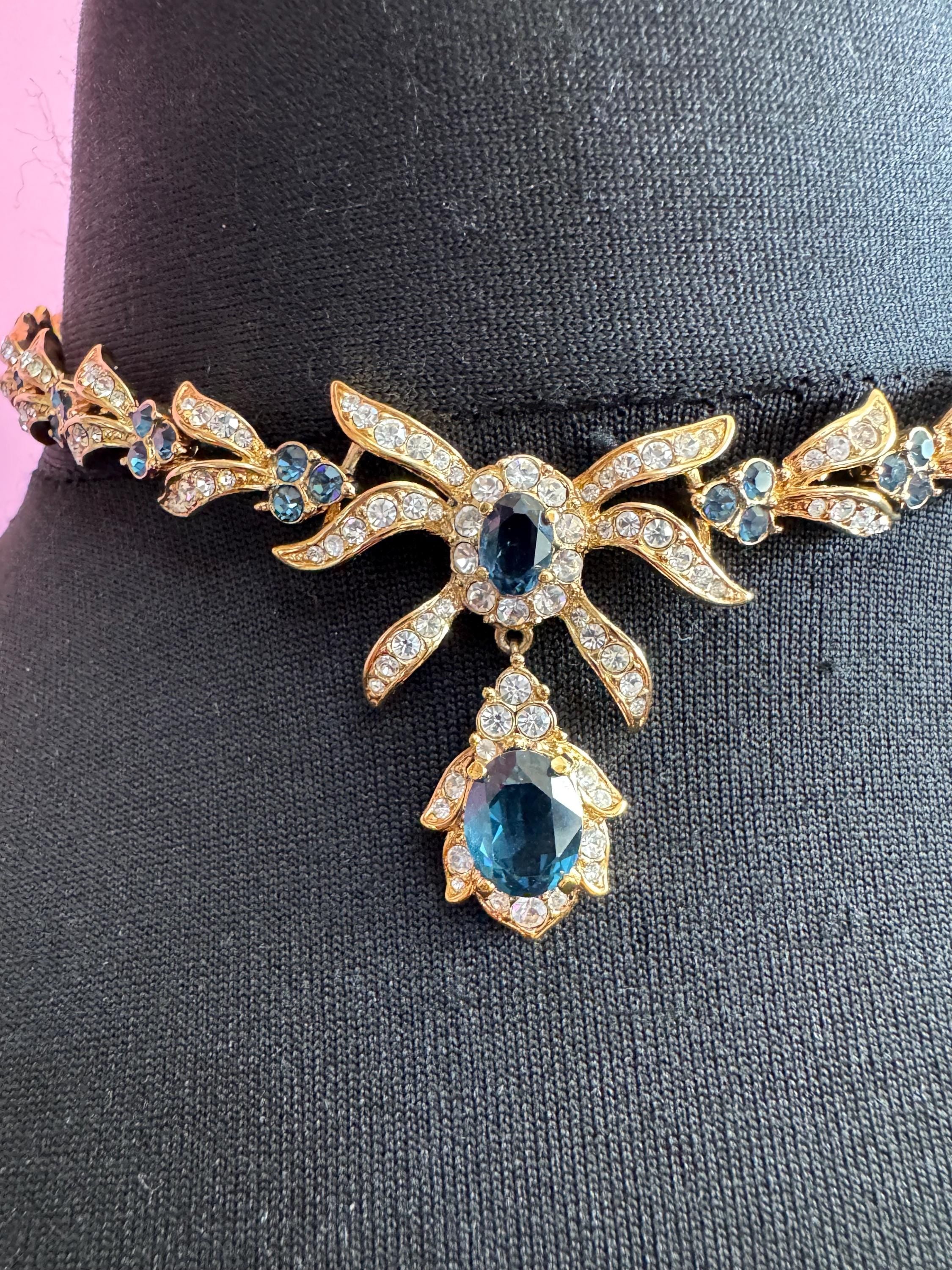 Vintage early Attwood and Sawyer sapphire Rhinestone drop Necklace, signed gold tone