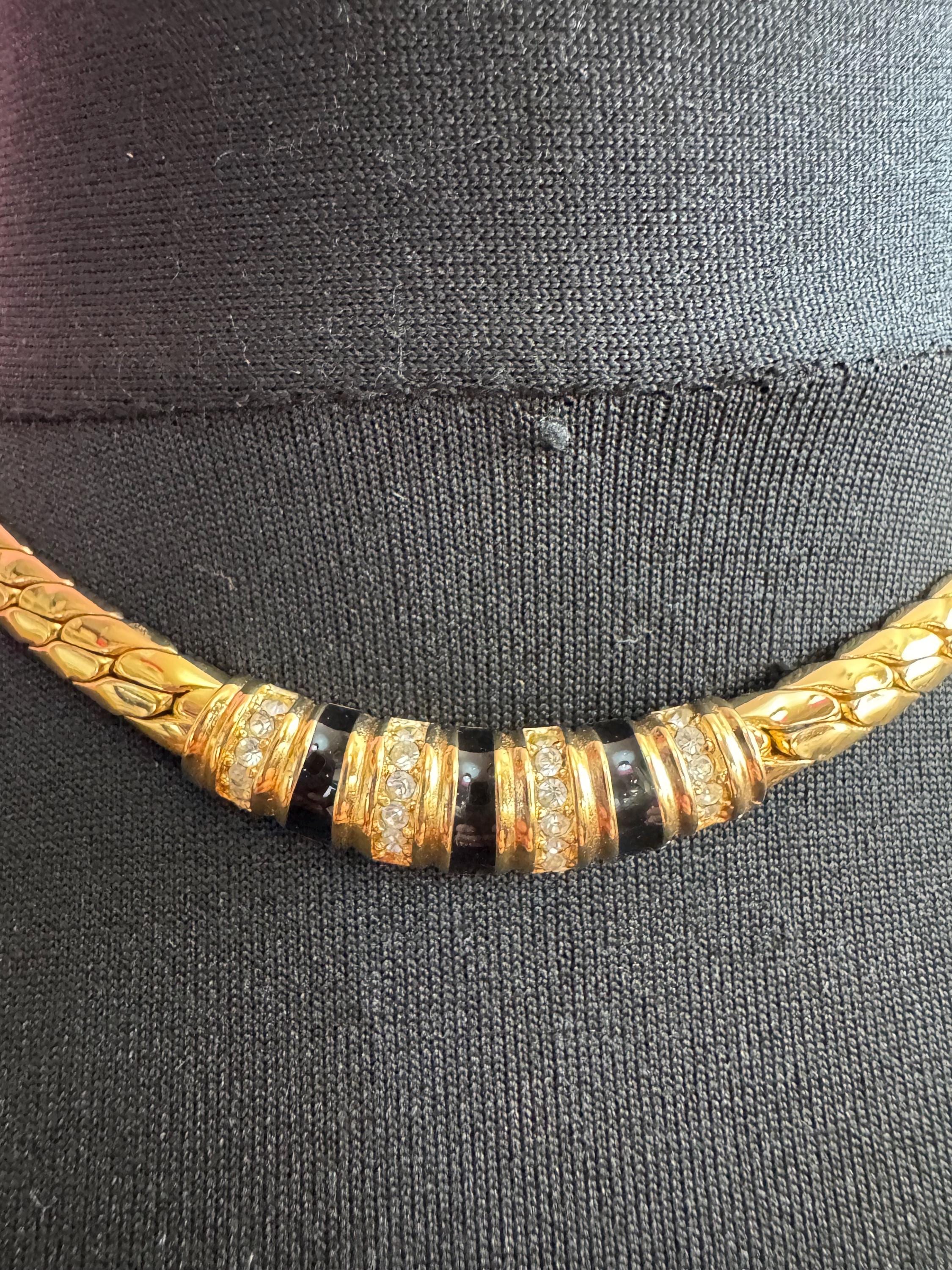 Christian Dior Germany black enamel crystal collar necklace, signed gold plated