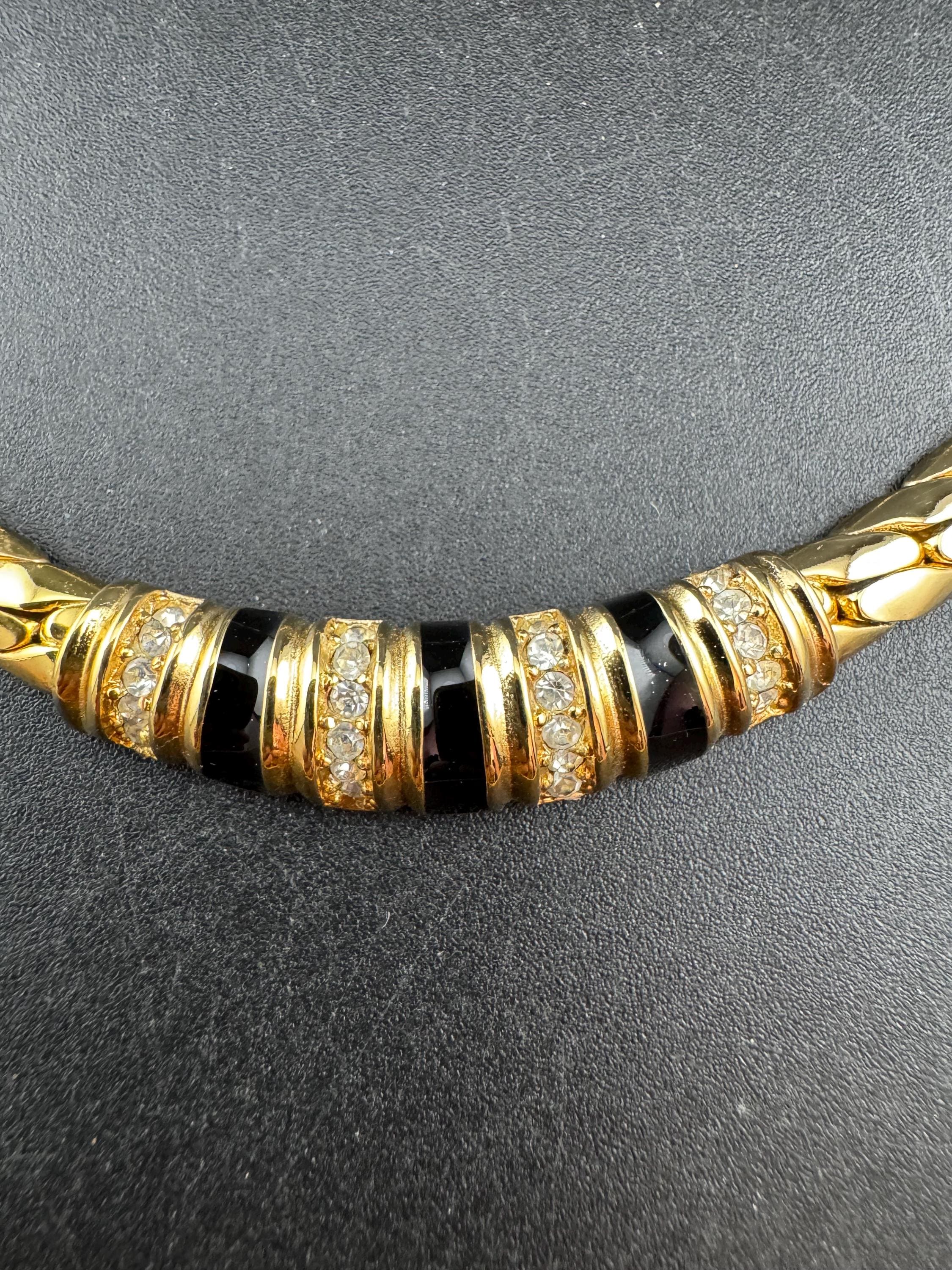 Christian Dior Germany black enamel crystal collar necklace, signed gold plated