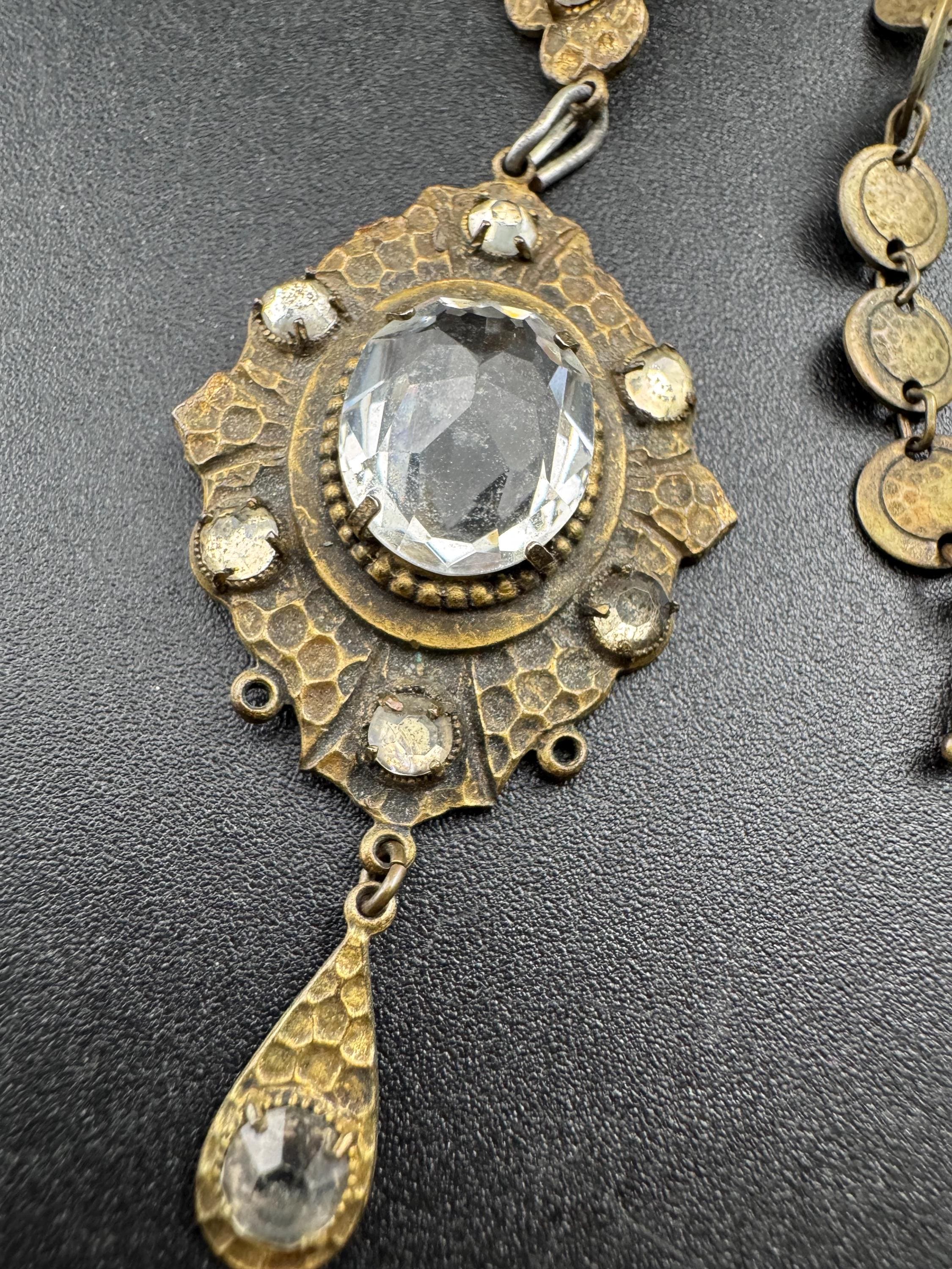 Art Deco czech brass necklace with clear rhinestones