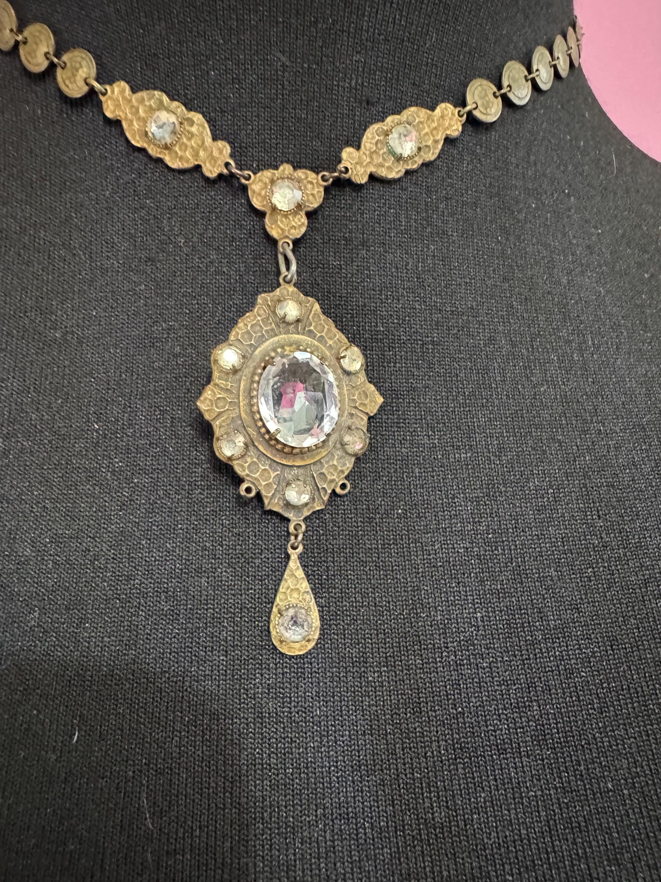 Art Deco czech brass necklace with clear rhinestones