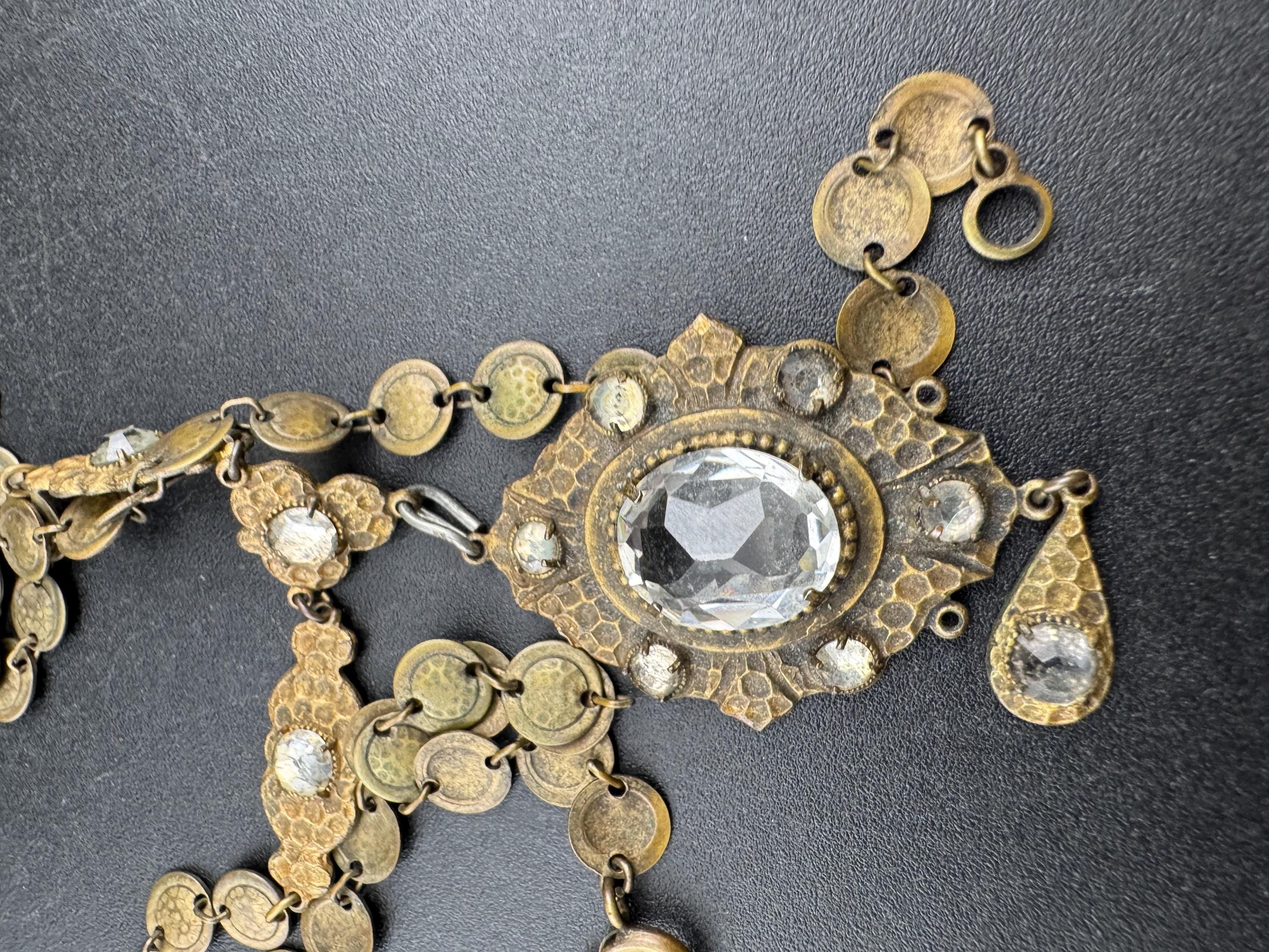 Art Deco czech brass necklace with clear rhinestones