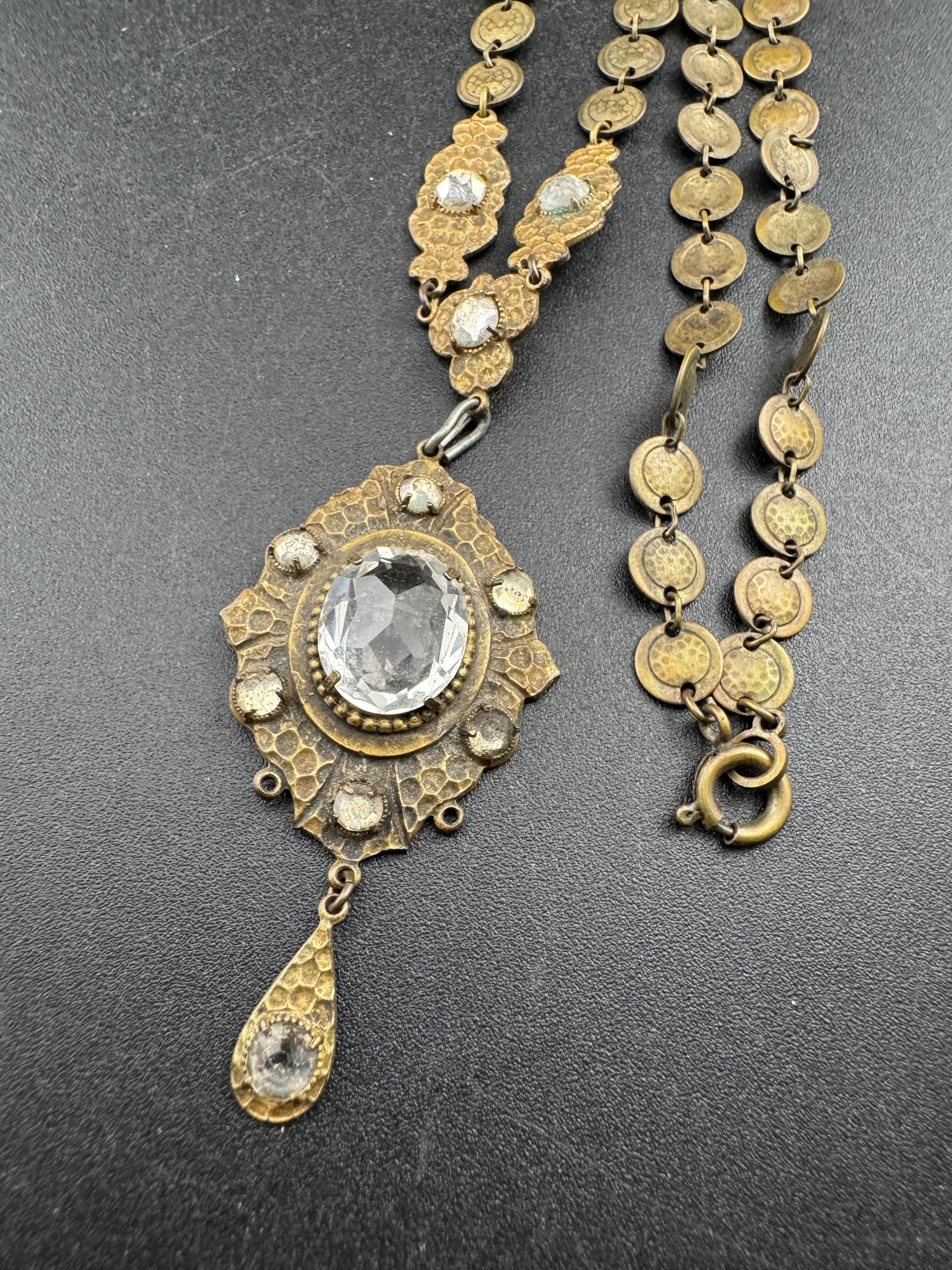 Art Deco czech brass necklace with clear rhinestones