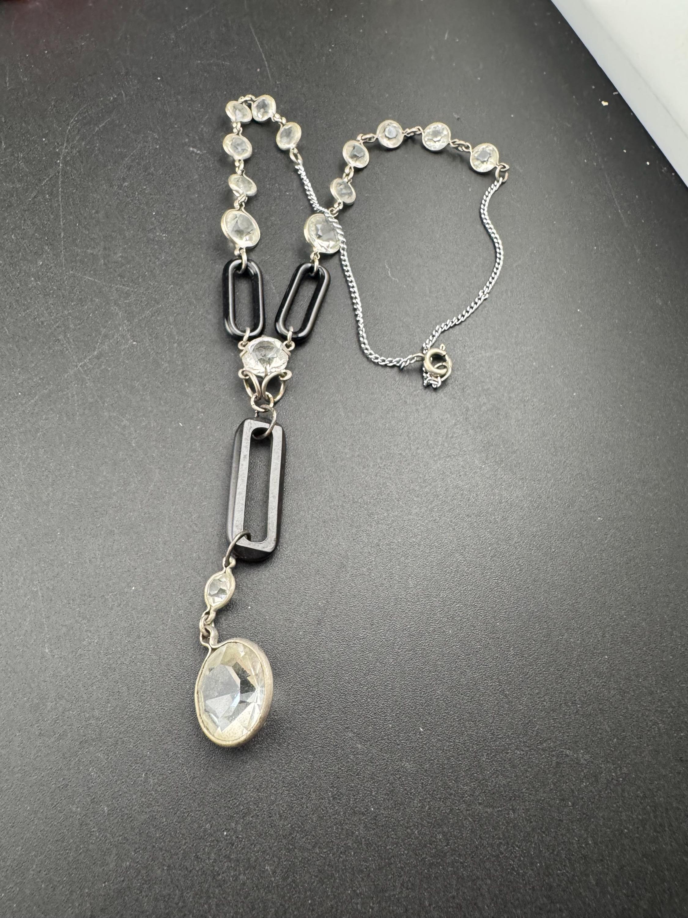Art Deco Black clear bezel set Drop Necklace - Silver Tone 1920s
